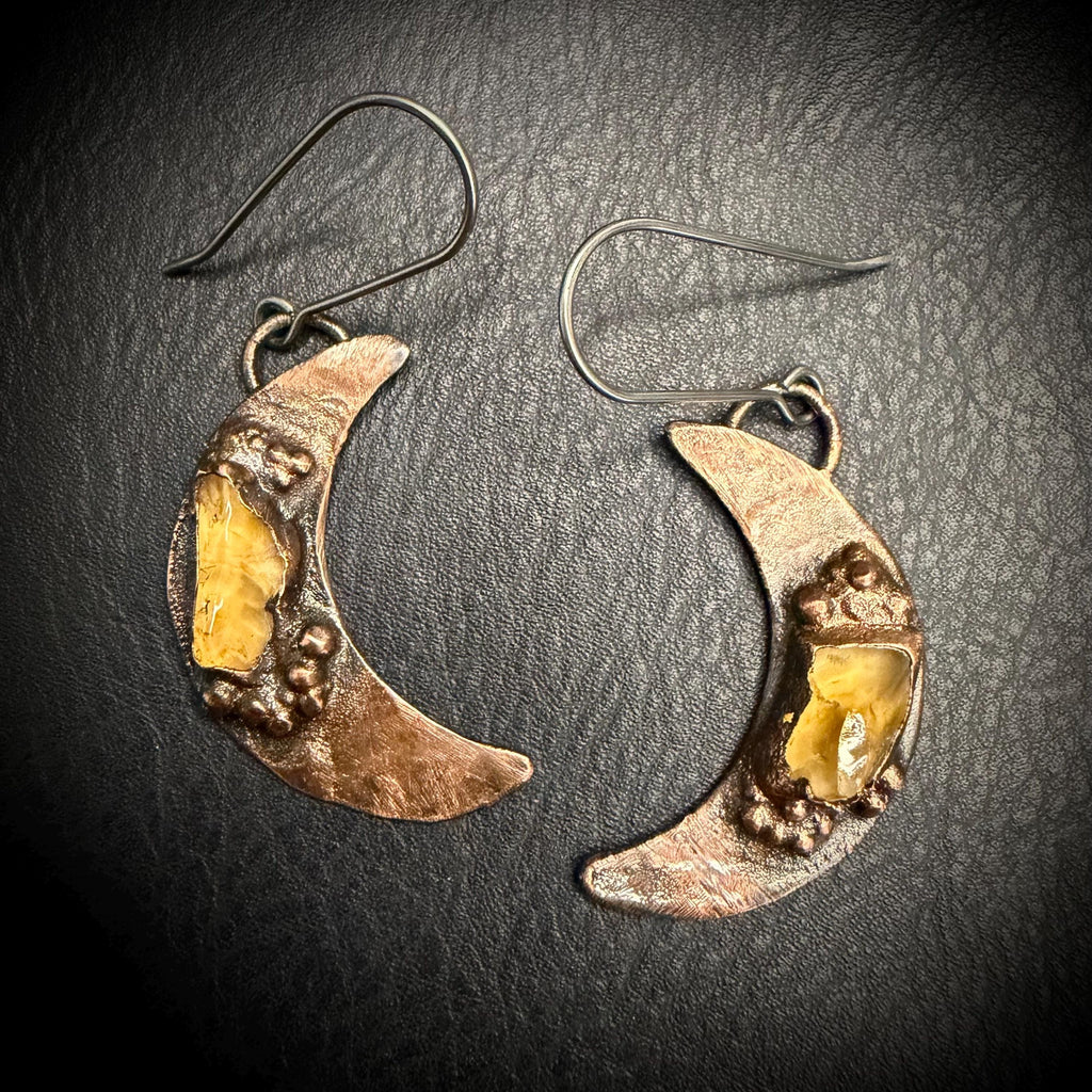 Electroformed Citrine Moon Dangle Earrings on Niobium Ear Wires