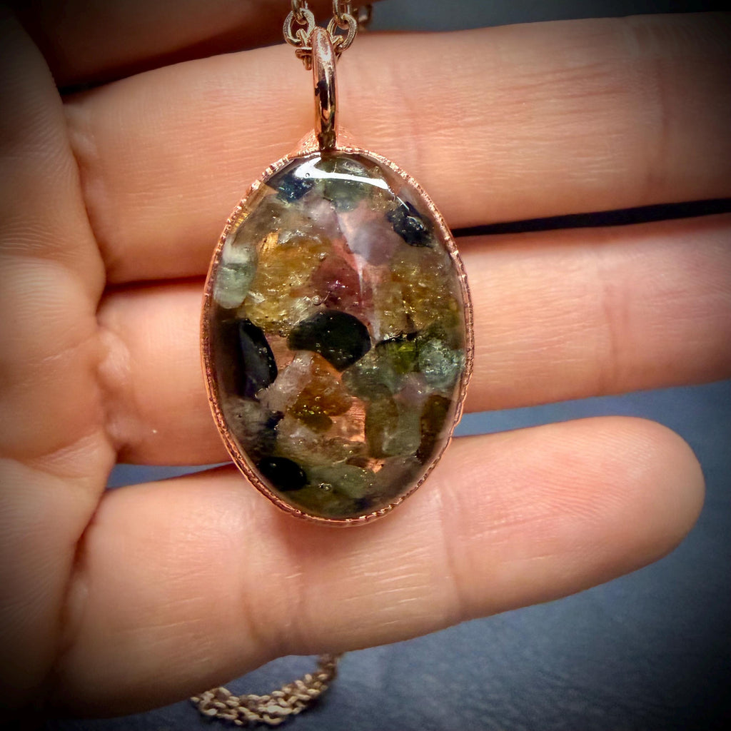 Oval Resin Rainbow Tourmaline Pendant Necklace | Electroformed Copper | Rose Gold Chain | Handmade Crystal Jewelry