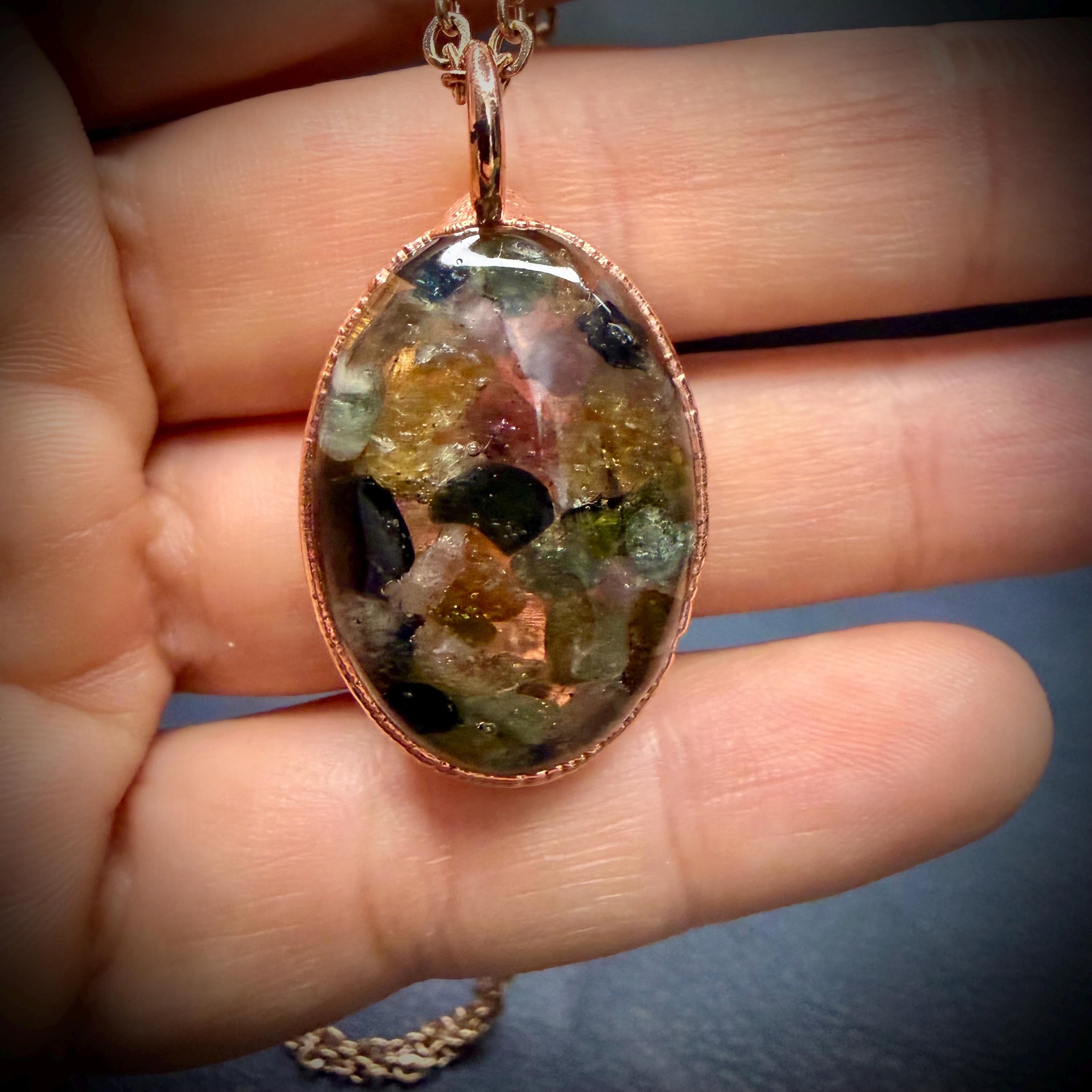 Oval Resin Rainbow Tourmaline Pendant Necklace | Electroformed Copper | Rose Gold Chain | Handmade Crystal Jewelry