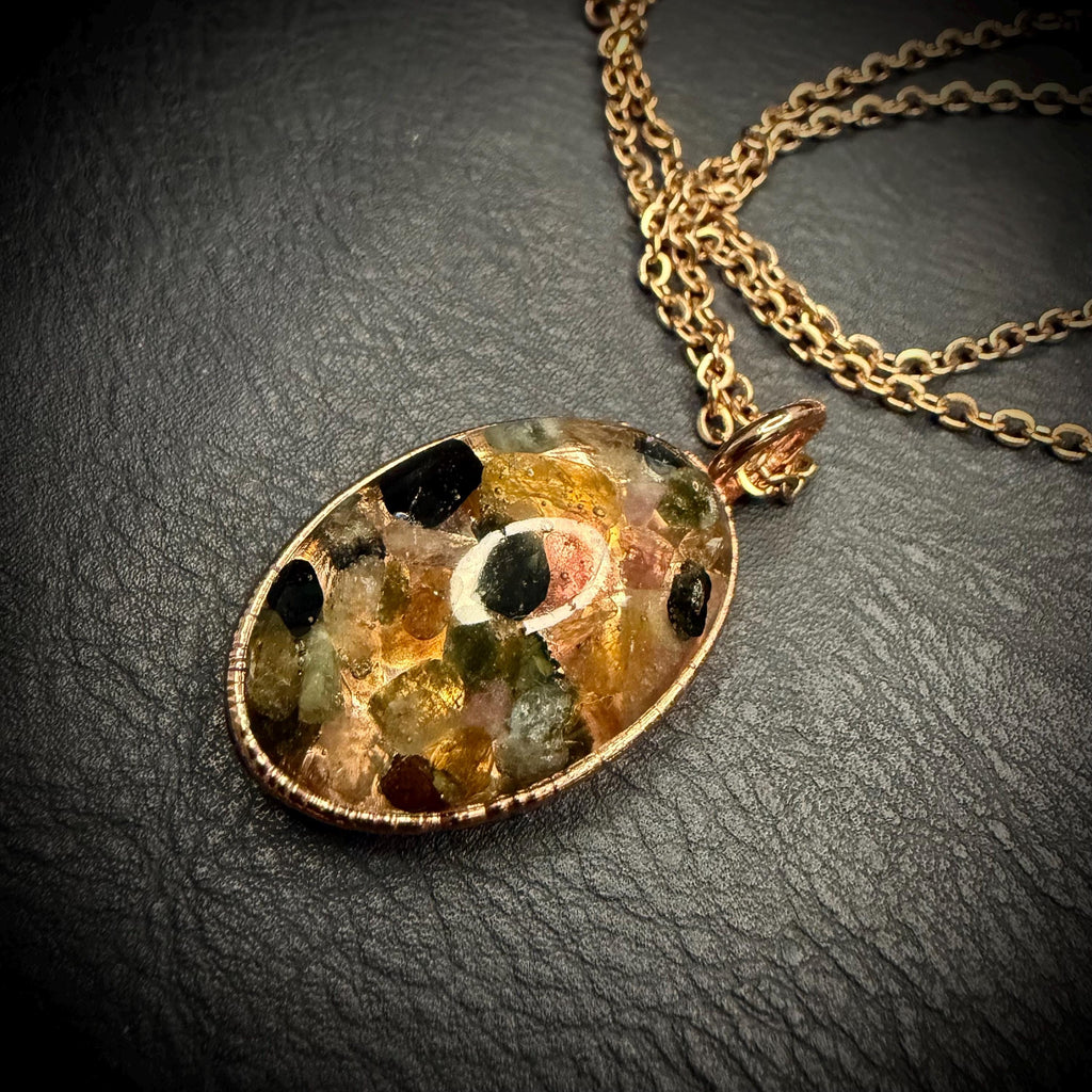 Oval Resin Rainbow Tourmaline Pendant Necklace | Electroformed Copper | Rose Gold Chain | Handmade Crystal Jewelry