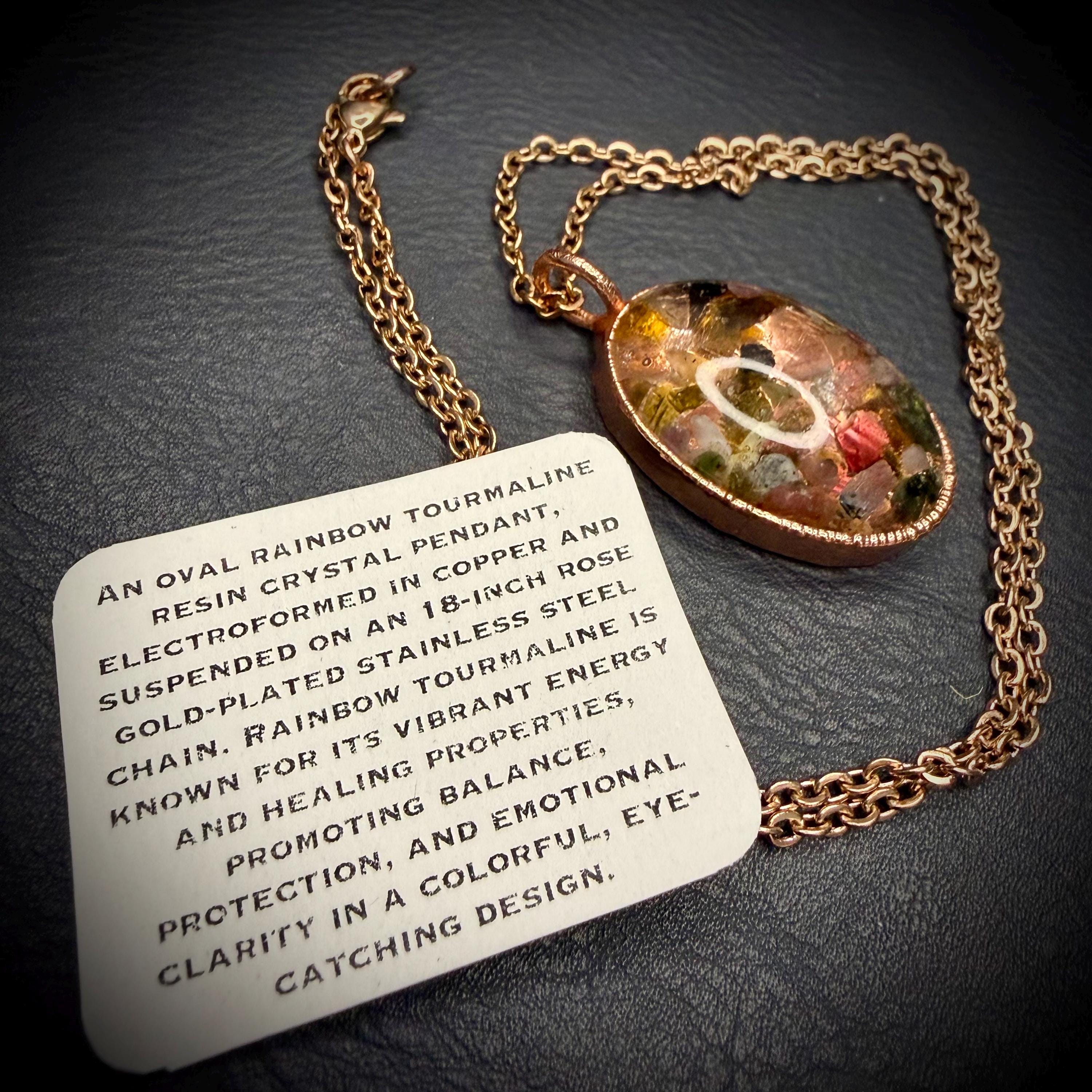 Oval Resin Rainbow Tourmaline Pendant Necklace | Electroformed Copper | Rose Gold Chain | Handmade Crystal Jewelry