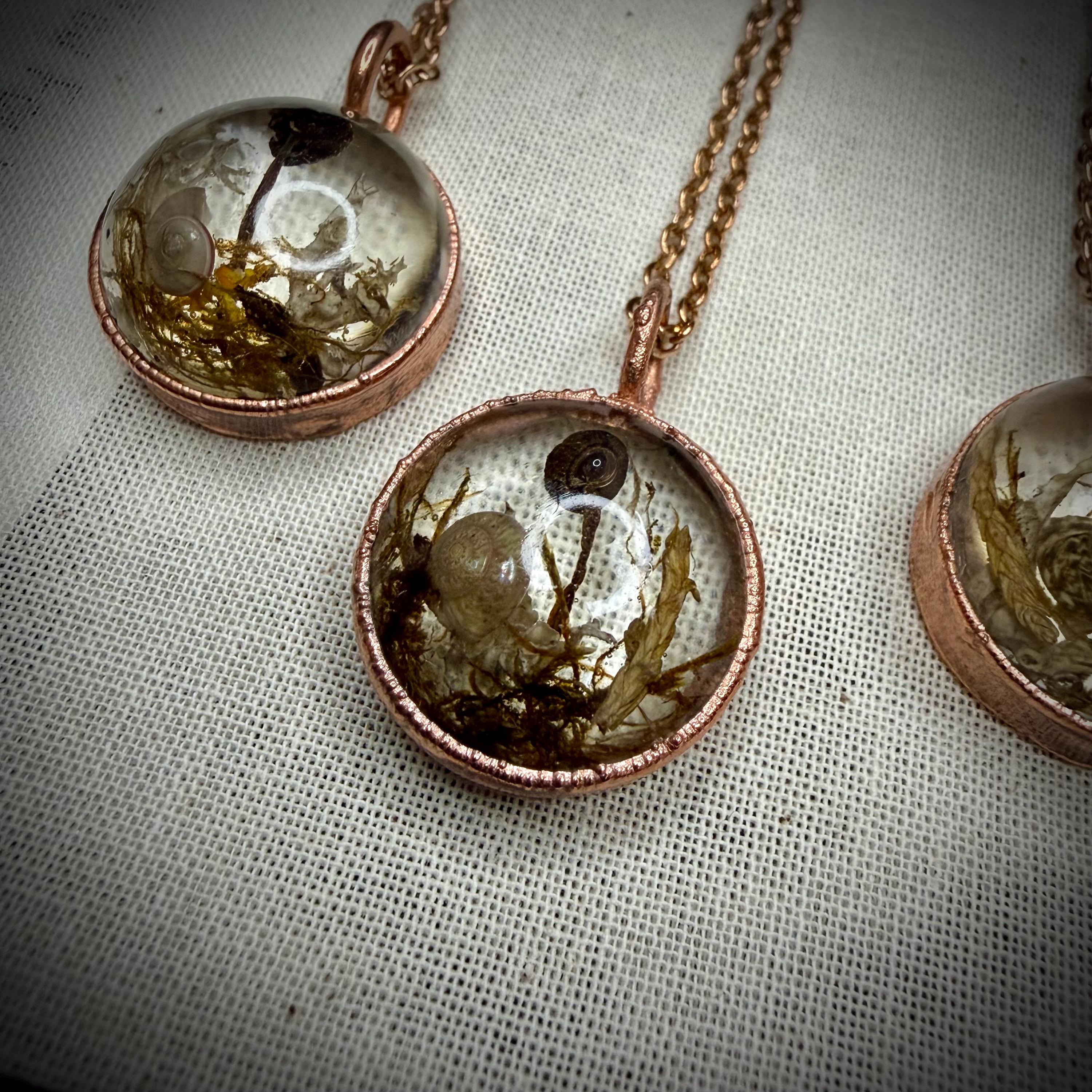 Electroformed Copper Goblincore Mushroom Garden Pendant | Real Plant in Resin | Mushroom Necklace