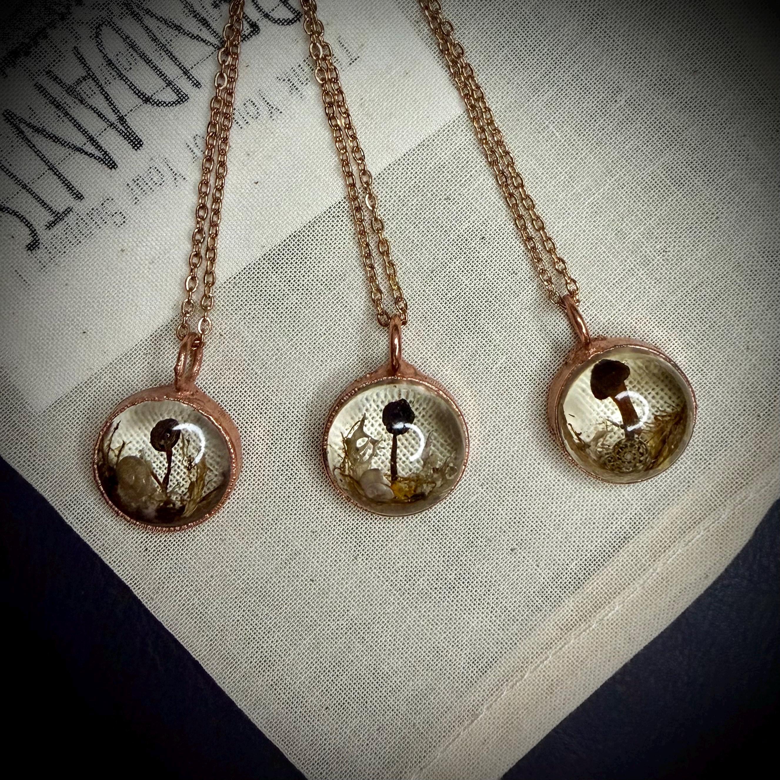 Electroformed Copper Goblincore Mushroom Garden Pendant | Real Plant in Resin | Mushroom Necklace