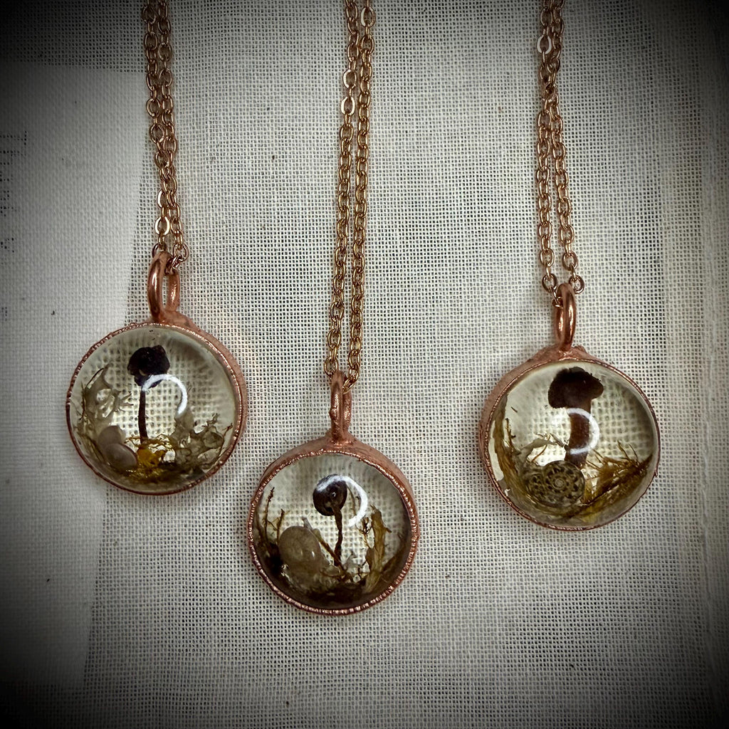 Electroformed Copper Goblincore Mushroom Garden Pendant | Real Plant in Resin | Mushroom Necklace
