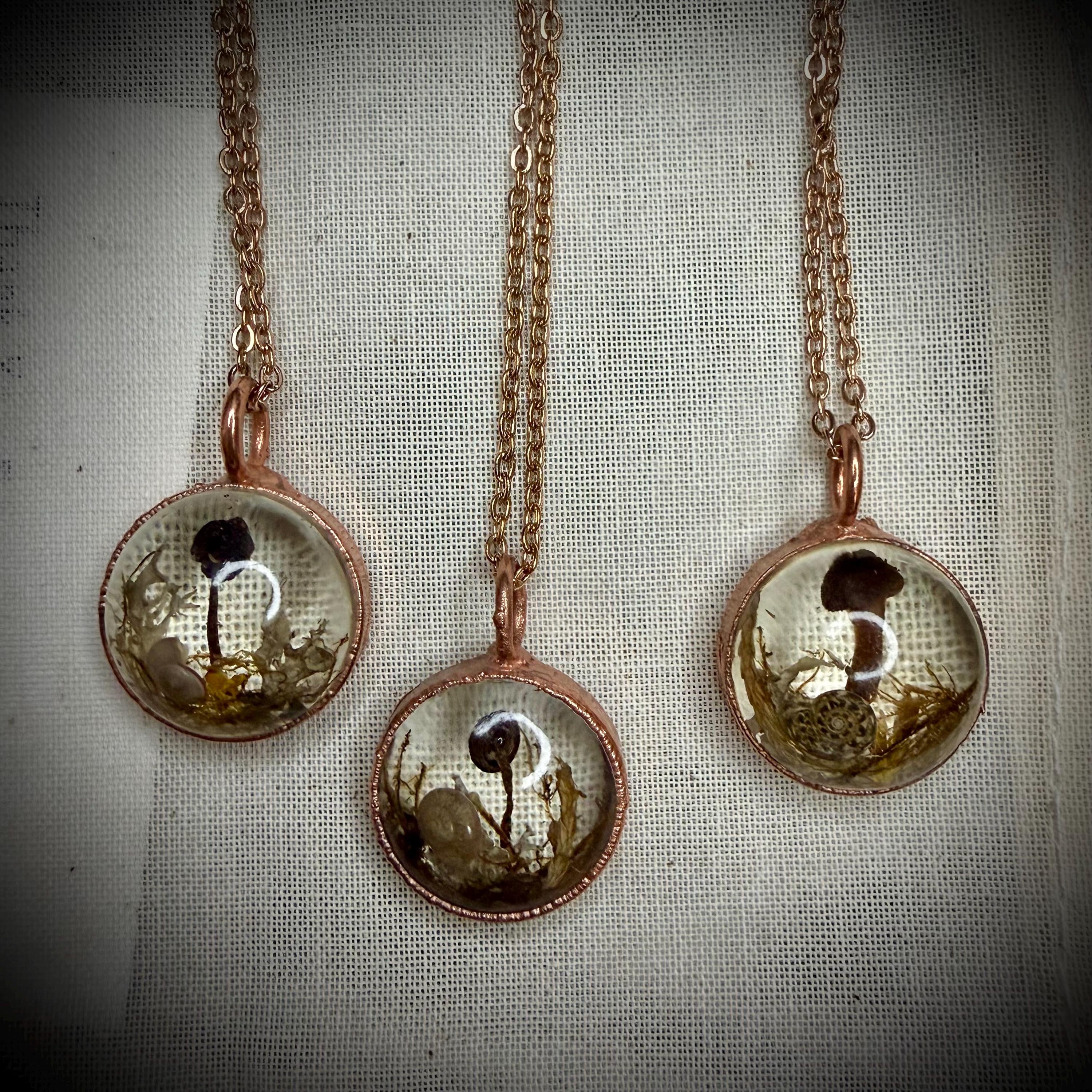 Electroformed Copper Goblincore Mushroom Garden Pendant | Real Plant in Resin | Mushroom Necklace