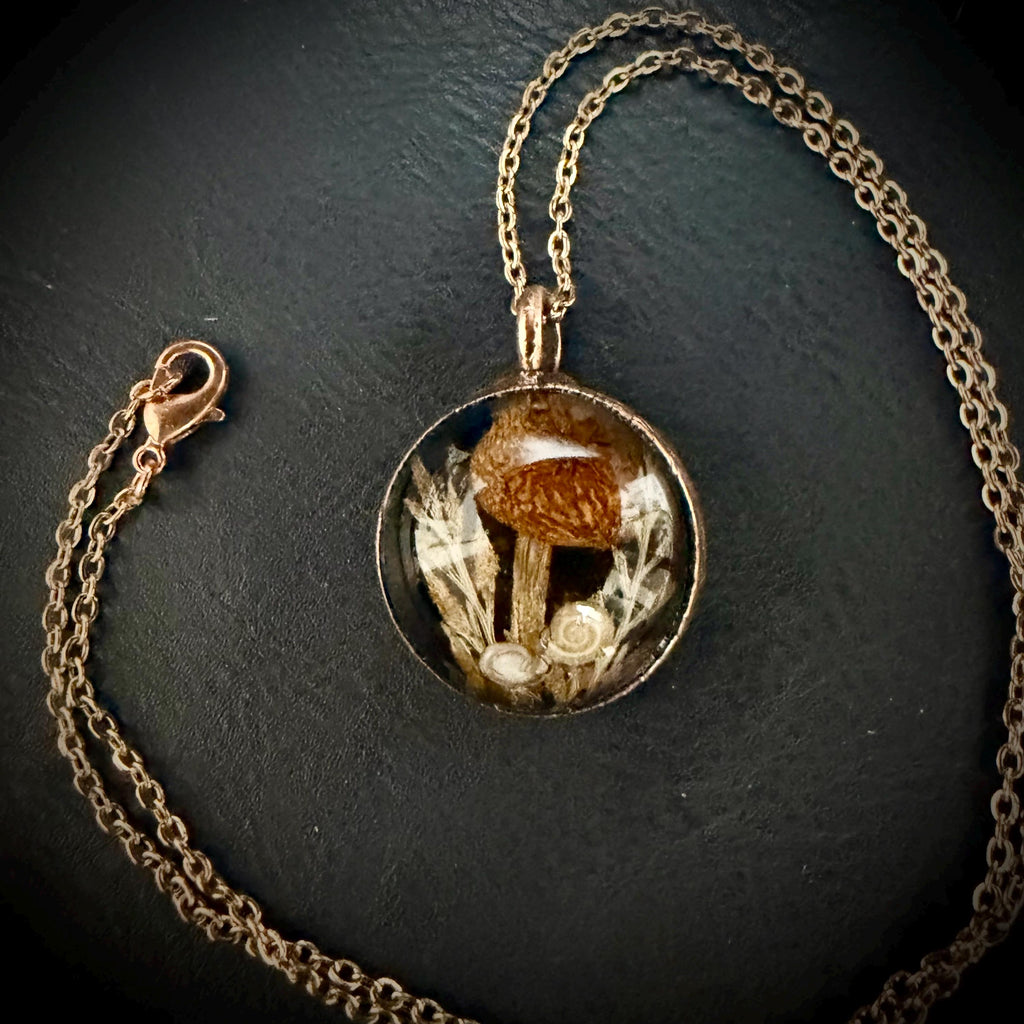 Electroformed Copper Goblincore Mushroom Garden Pendant | Real Plant in Resin | Mushroom Necklace