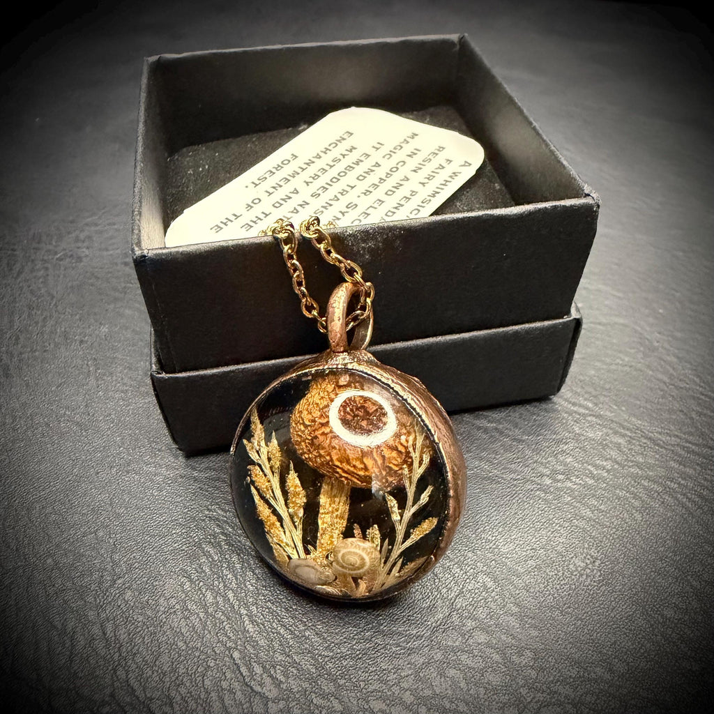 Electroformed Copper Goblincore Mushroom Garden Pendant | Real Plant in Resin | Mushroom Necklace