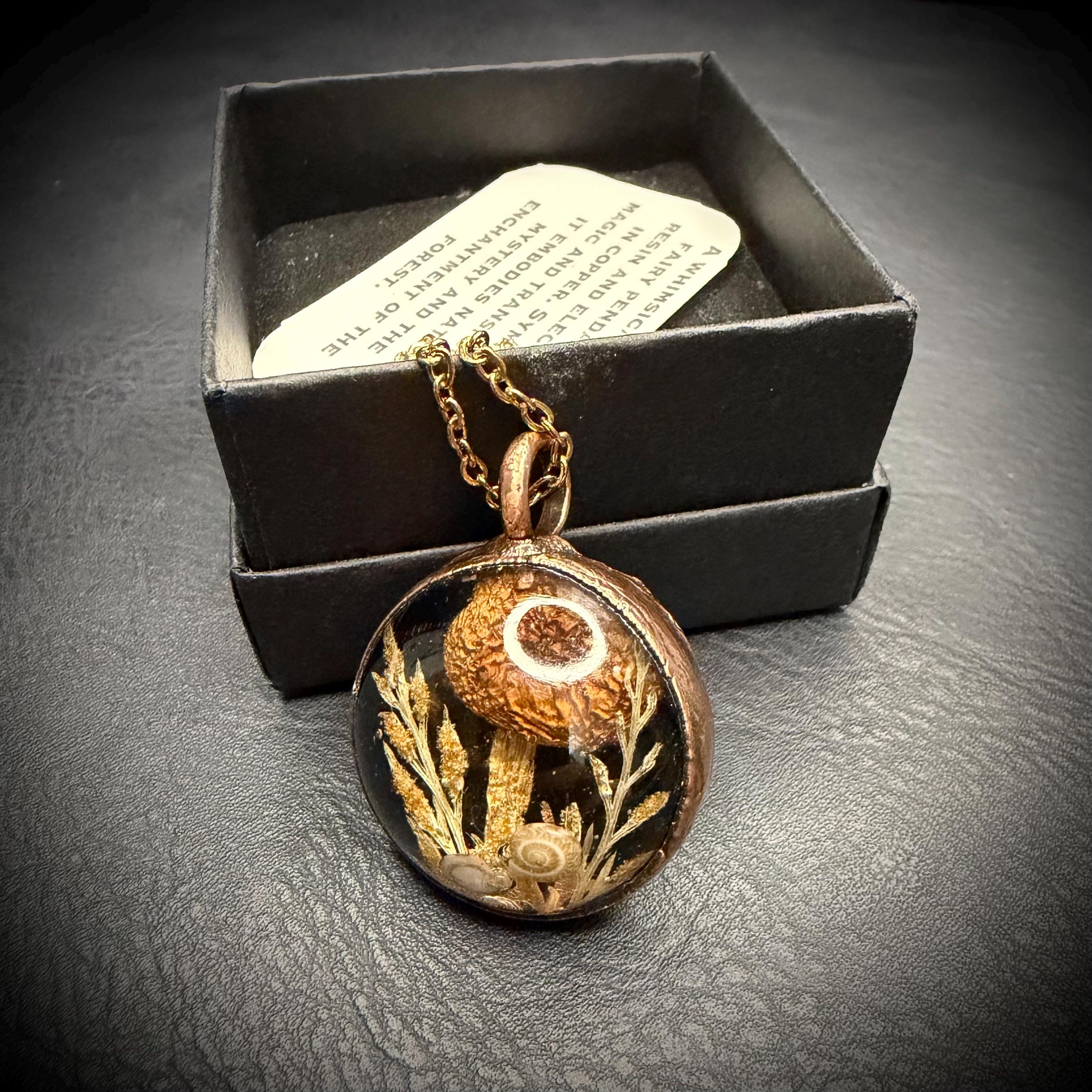 Electroformed Copper Goblincore Mushroom Garden Pendant | Real Plant in Resin | Mushroom Necklace