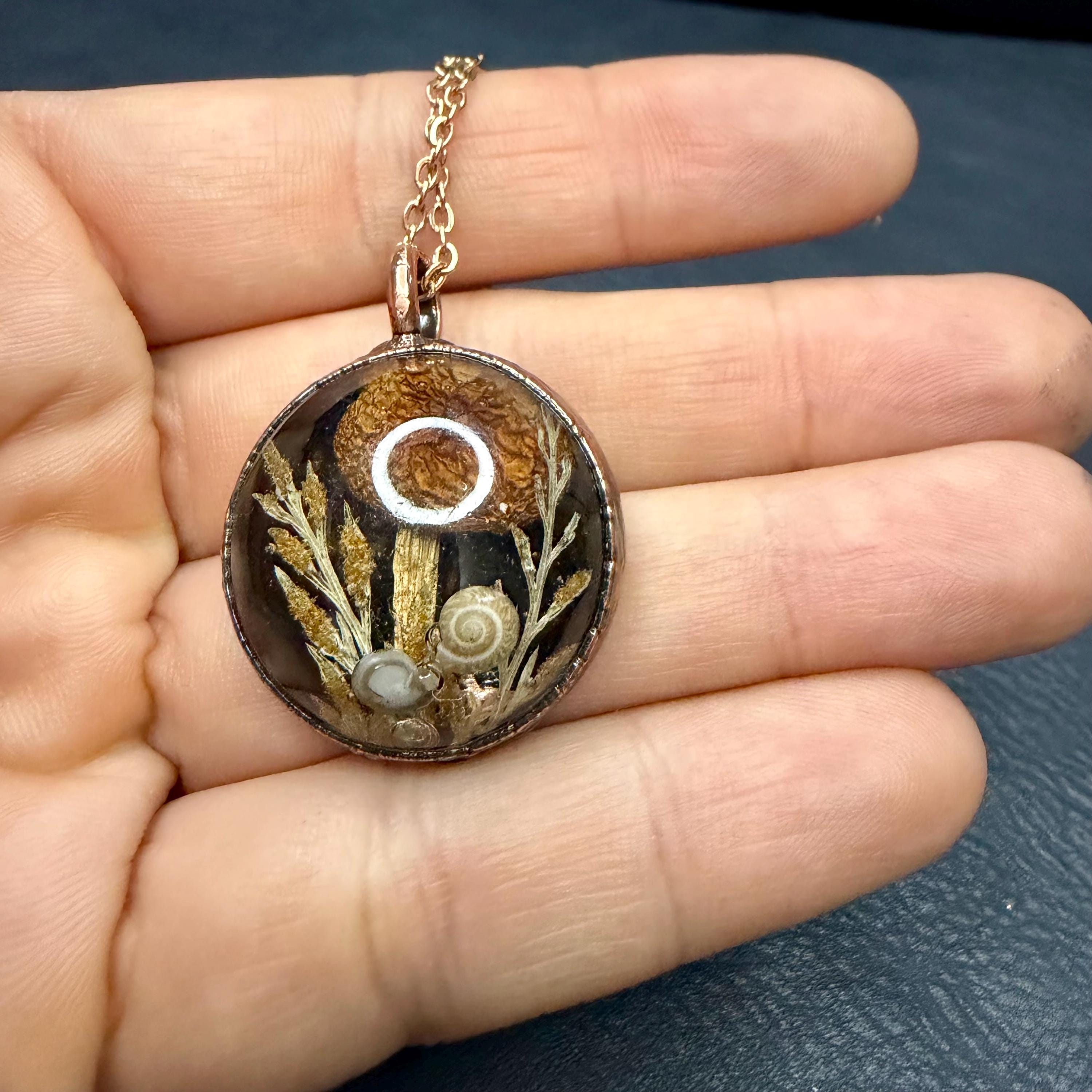 Electroformed Copper Goblincore Mushroom Garden Pendant | Real Plant in Resin | Mushroom Necklace