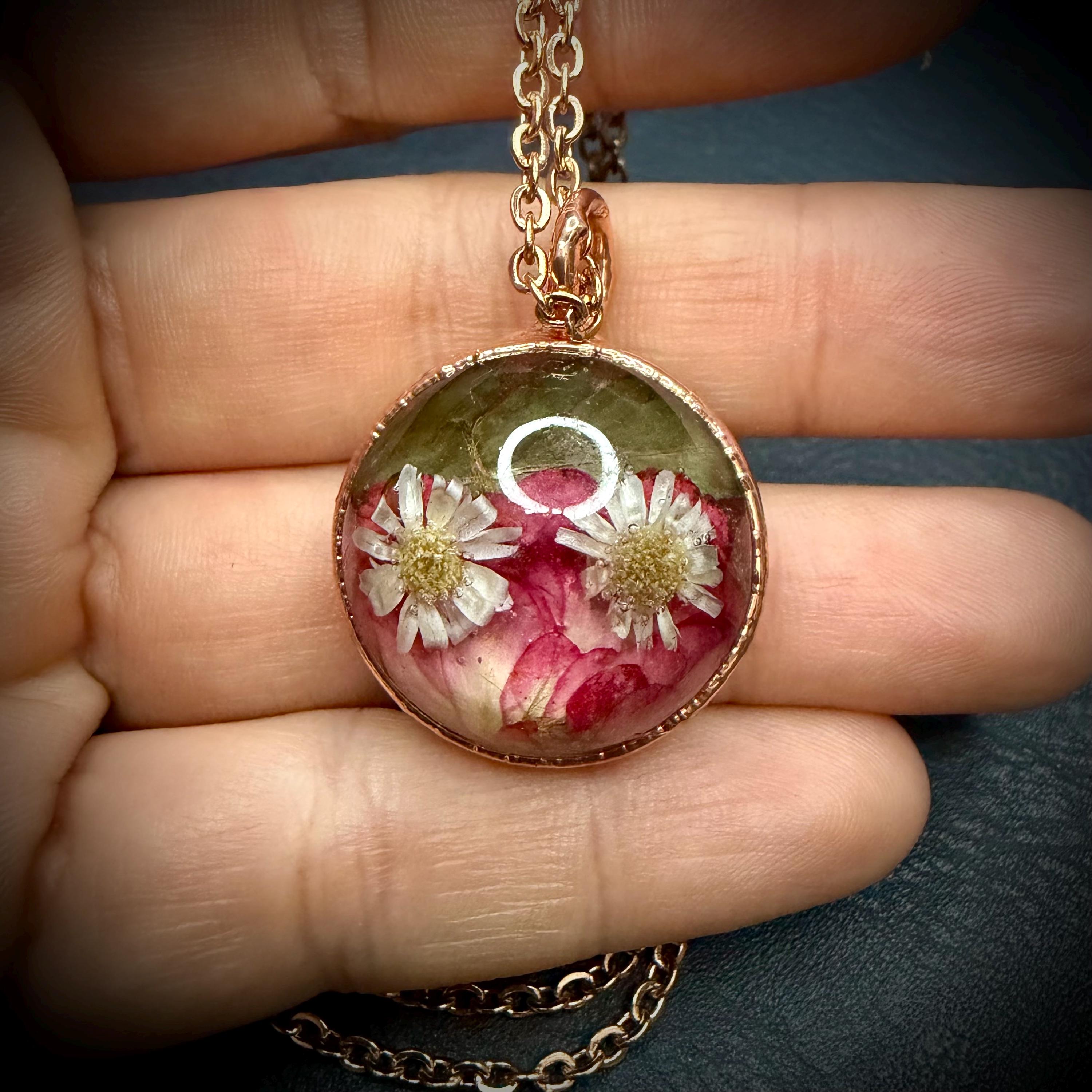 Electroformed Copper Flower Pendant: Dried Floral Resin Necklace