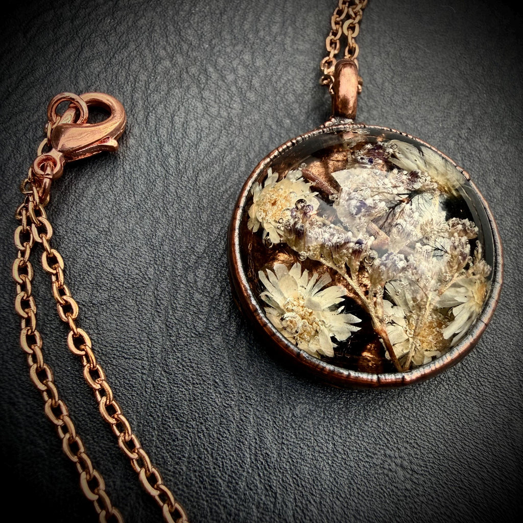 Electroformed Copper Flower Pendant: Dried Resin Necklace