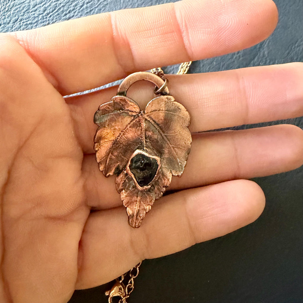 Electroformed Copper Leaf Necklace, Black Obsidian Pendant, Rose Gold Chain