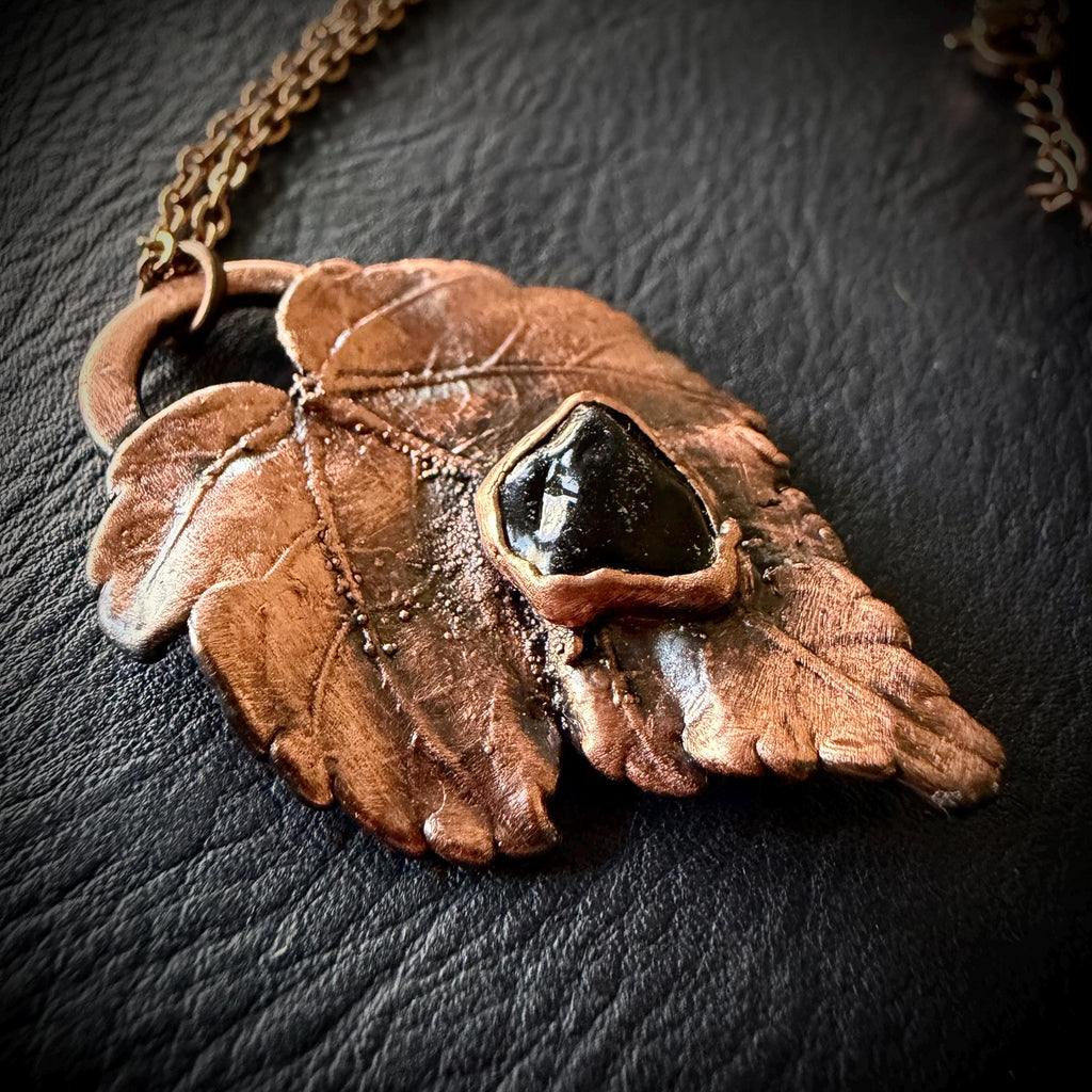 Electroformed Copper Leaf Necklace, Black Obsidian Pendant, Rose Gold Chain