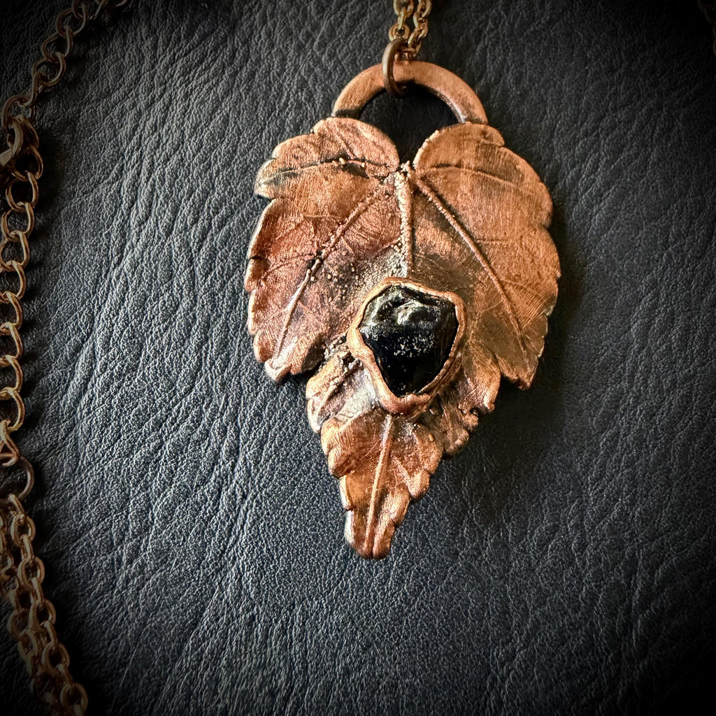 Electroformed Copper Leaf Necklace, Black Obsidian Pendant, Rose Gold Chain