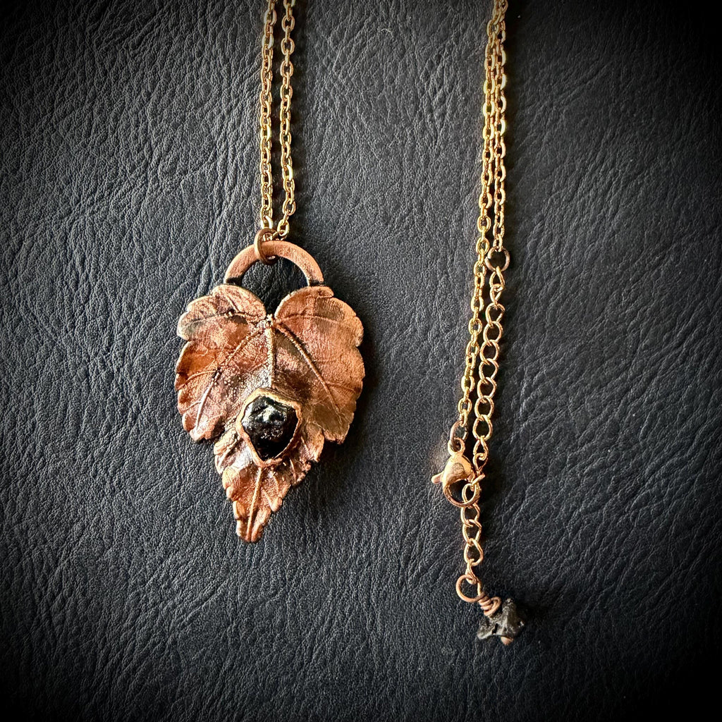 Electroformed Copper Leaf Necklace, Black Obsidian Pendant, Rose Gold Chain