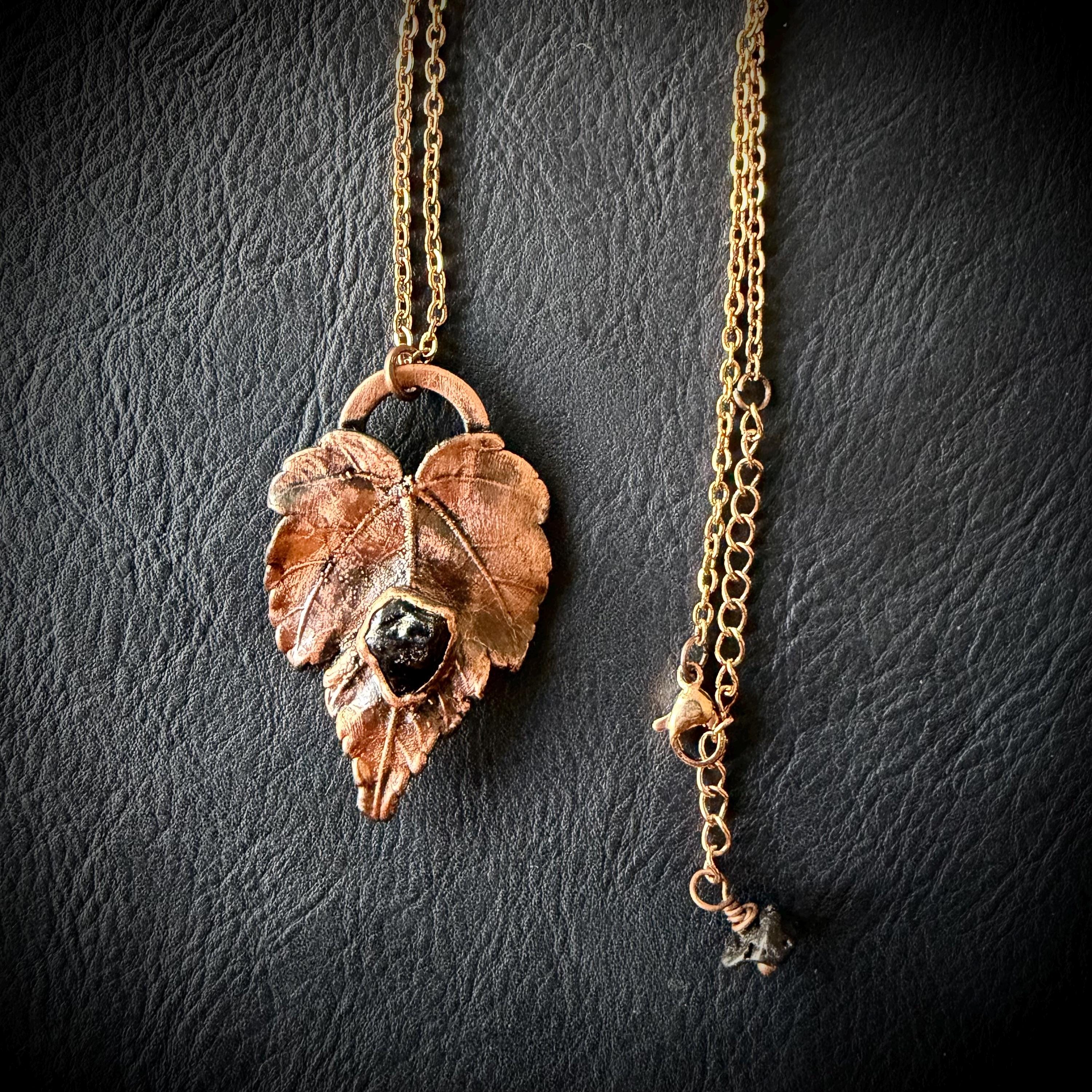 Electroformed Copper Leaf Necklace, Black Obsidian Pendant, Rose Gold Chain
