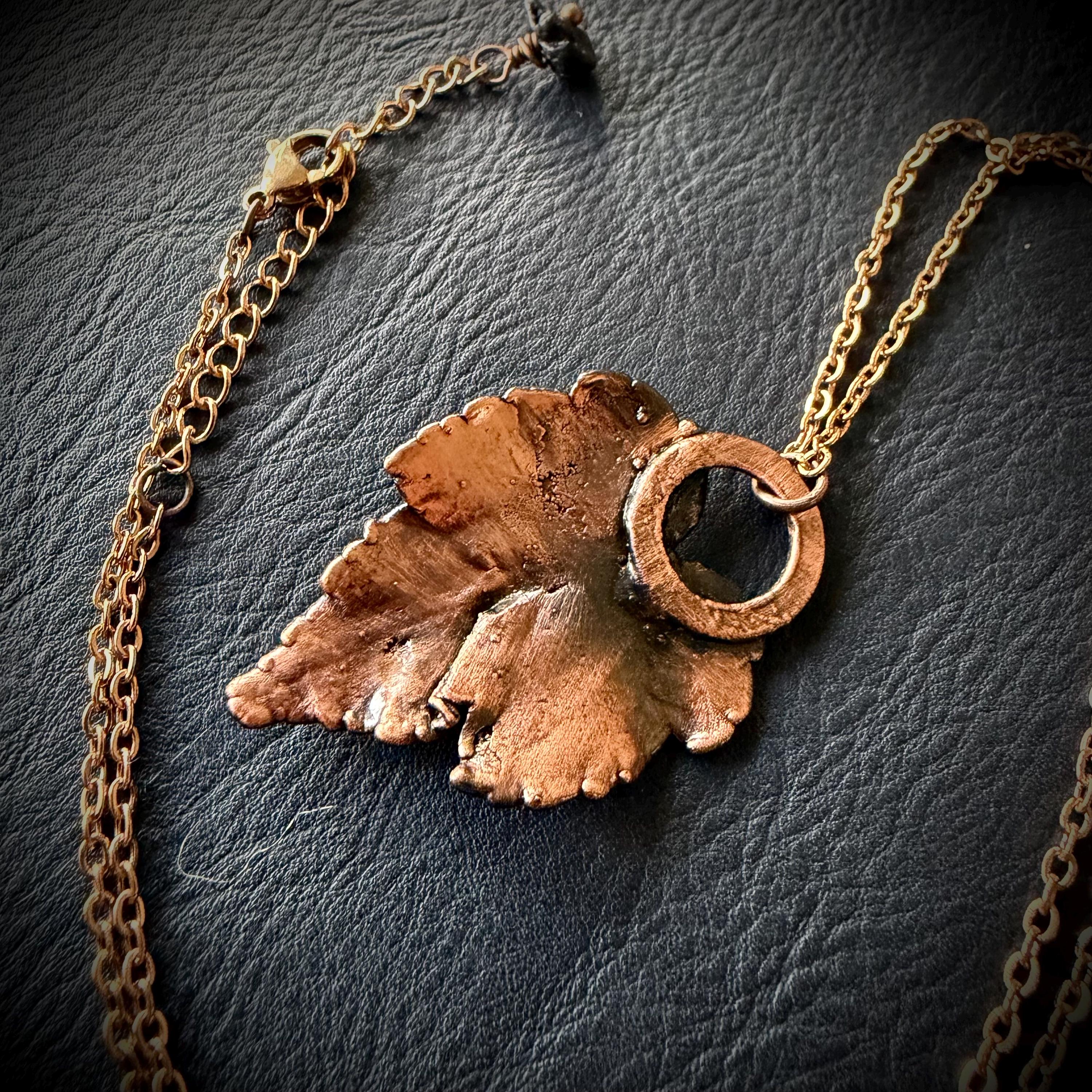Electroformed Copper Leaf Necklace, Black Obsidian Pendant, Rose Gold Chain