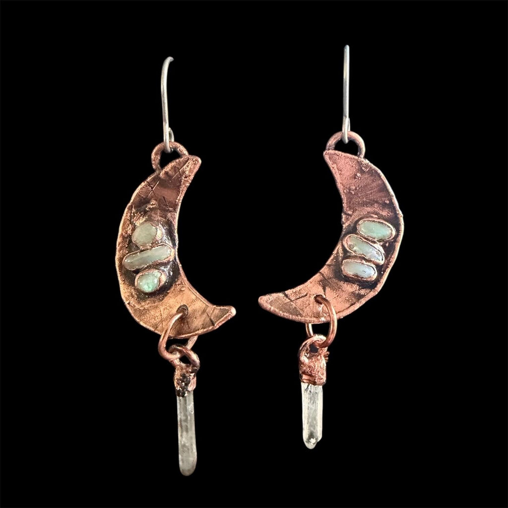 Electroformed Opal Moon Dangle Earrings on Niobium Ear Wires