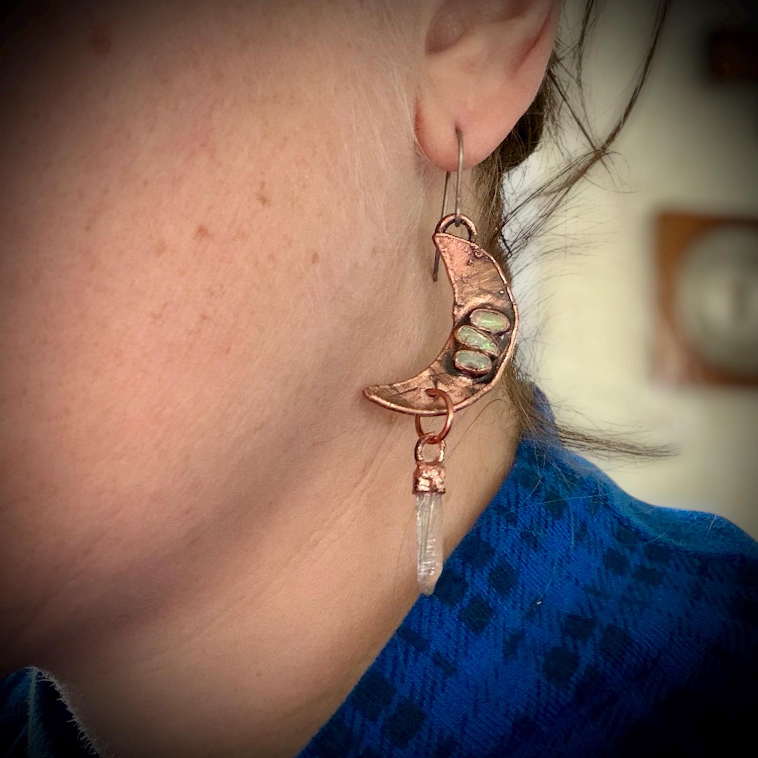 Electroformed Opal Moon Dangle Earrings on Niobium Ear Wires