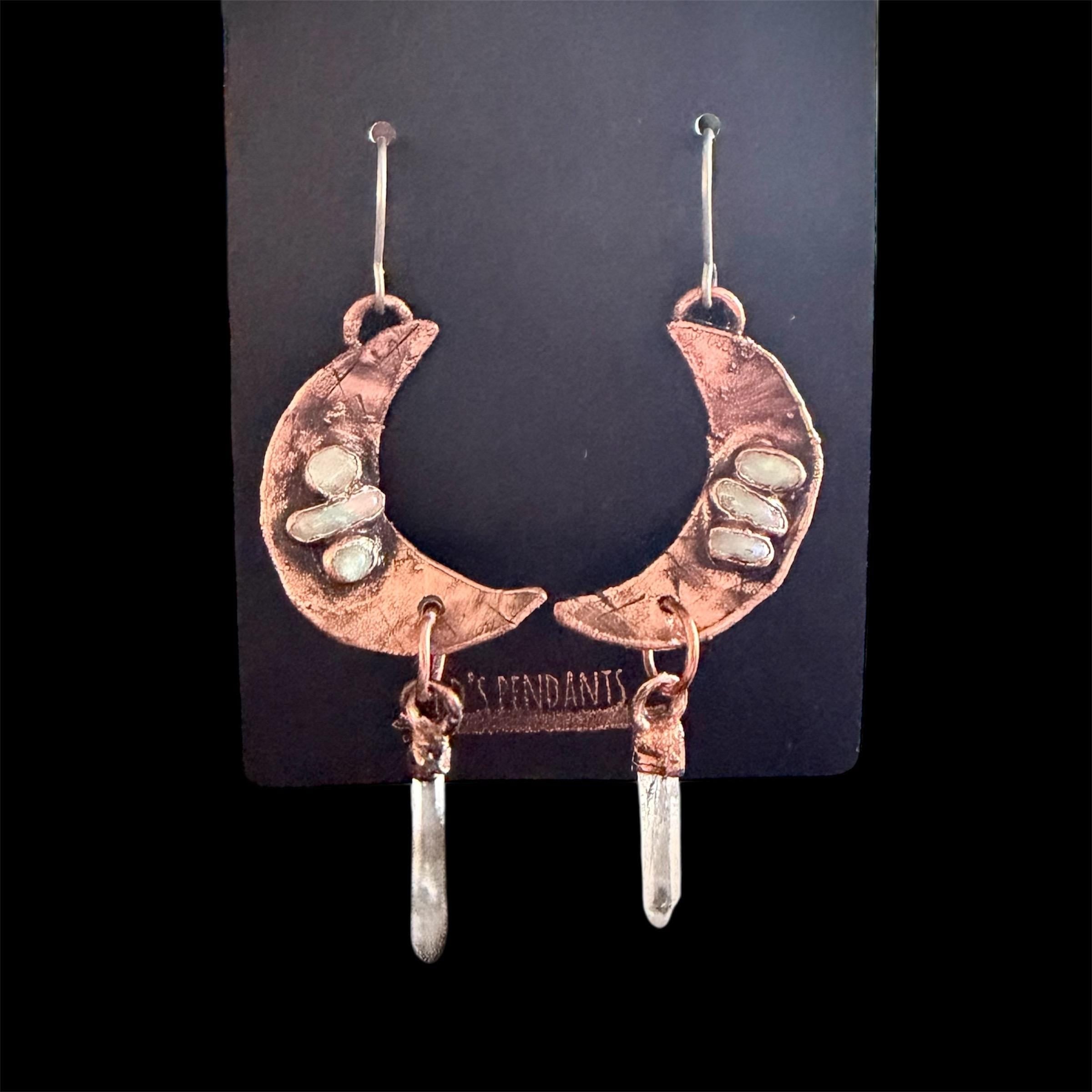Electroformed Opal Moon Dangle Earrings on Niobium Ear Wires