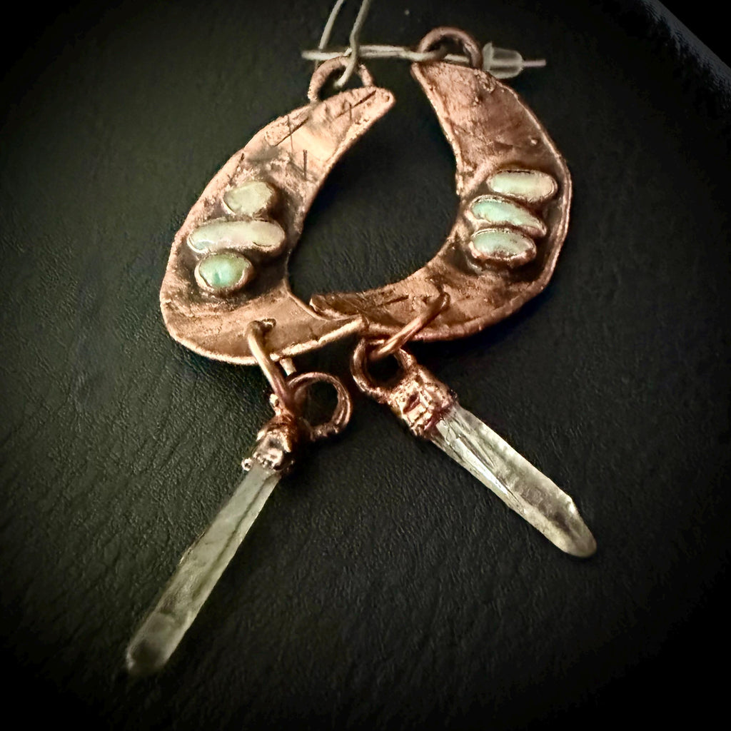 Electroformed Opal Moon Dangle Earrings on Niobium Ear Wires