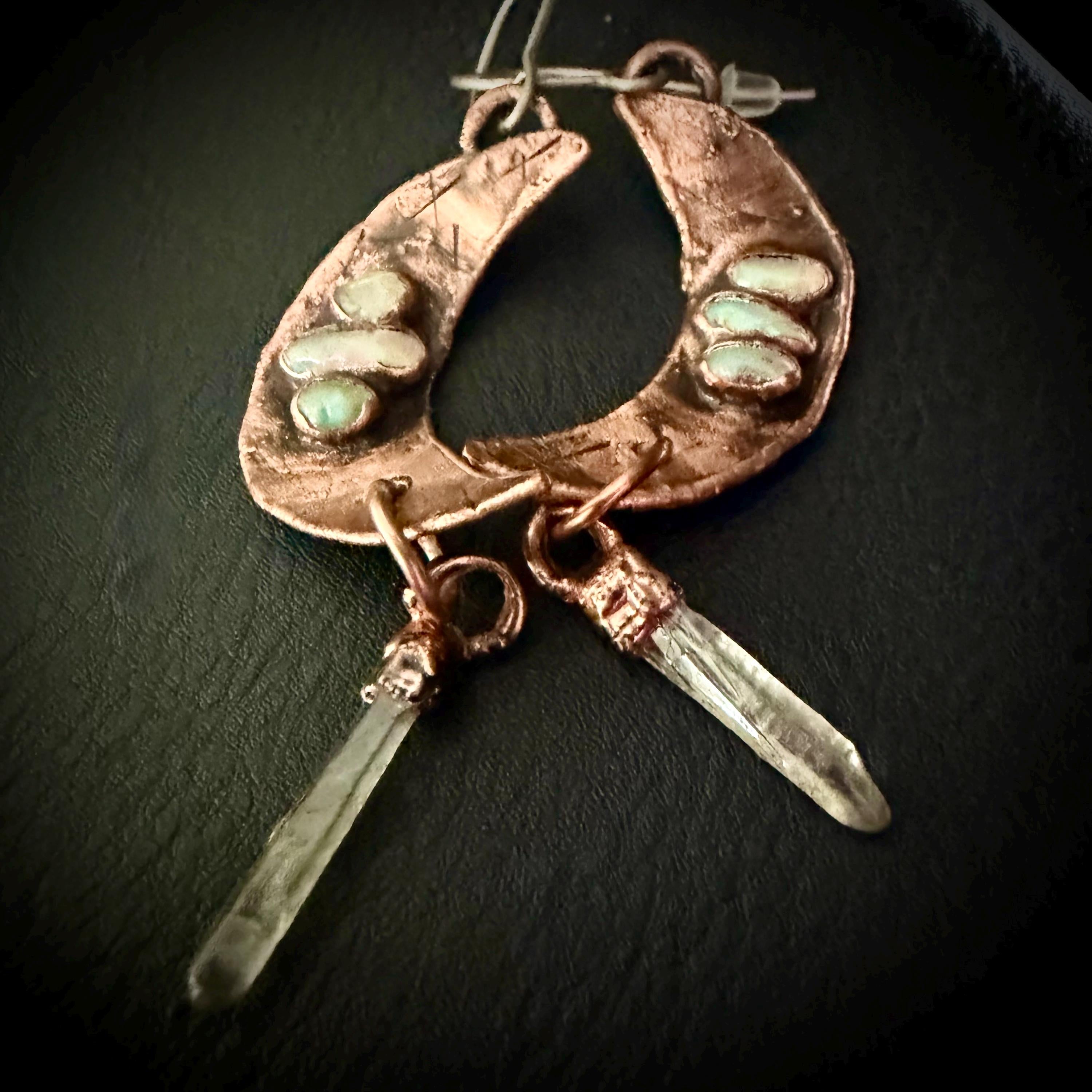 Electroformed Opal Moon Dangle Earrings on Niobium Ear Wires