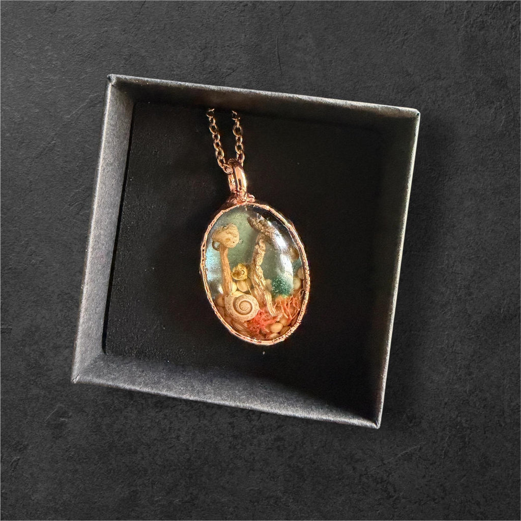 Electroformed Copper Goblincore Mushroom Garden Pendant | Real Plant in Resin | Mushroom Necklace
