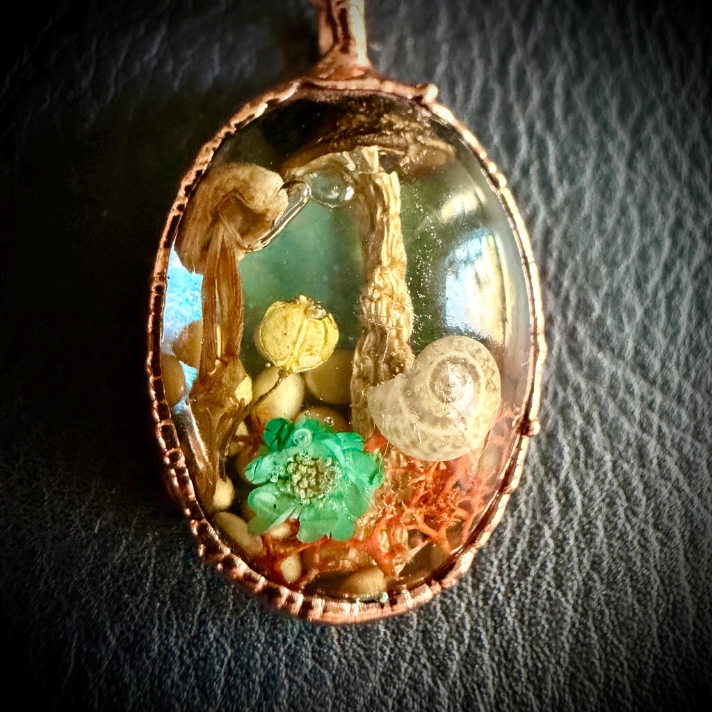 Electroformed Copper Goblincore Mushroom Garden Pendant | Real Plant in Resin | Mushroom Necklace