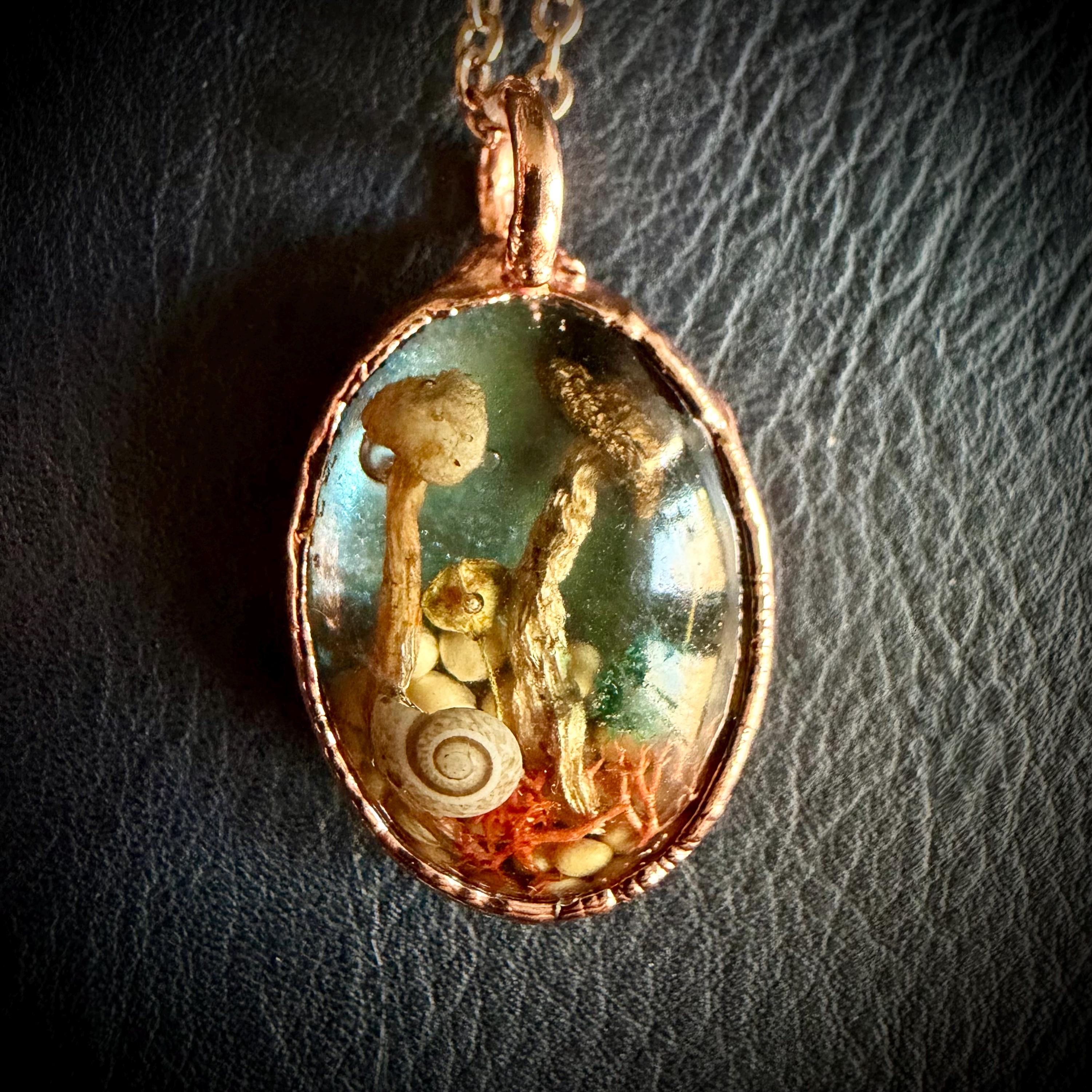 Electroformed Copper Goblincore Mushroom Garden Pendant | Real Plant in Resin | Mushroom Necklace
