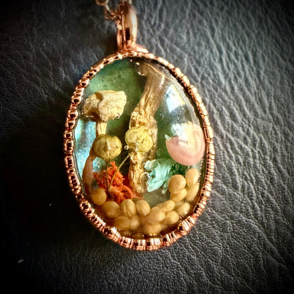 Electroformed Copper Goblincore Mushroom Garden Pendant | Real Plant in Resin | Mushroom Necklace