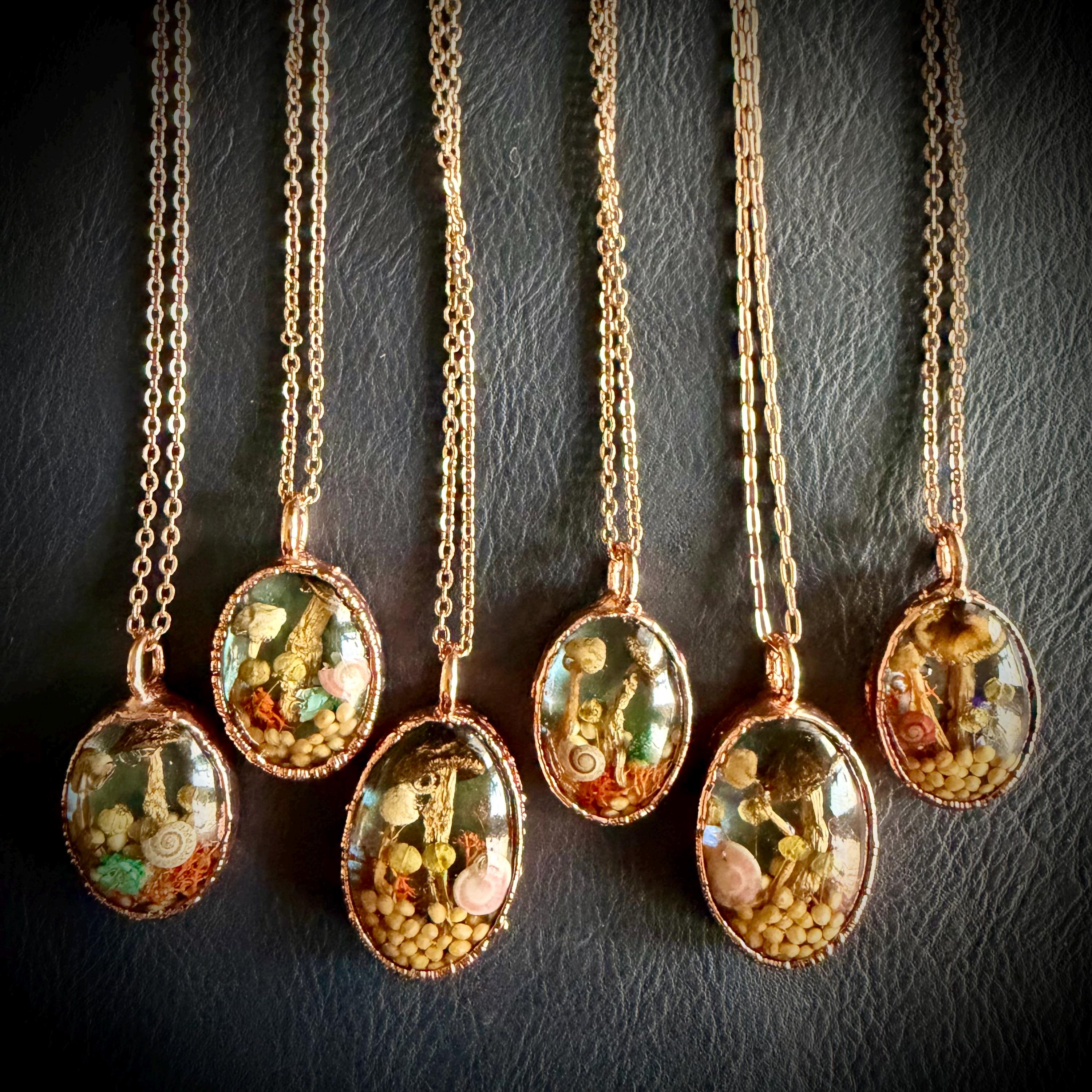 Electroformed Copper Goblincore Mushroom Garden Pendant | Real Plant in Resin | Mushroom Necklace