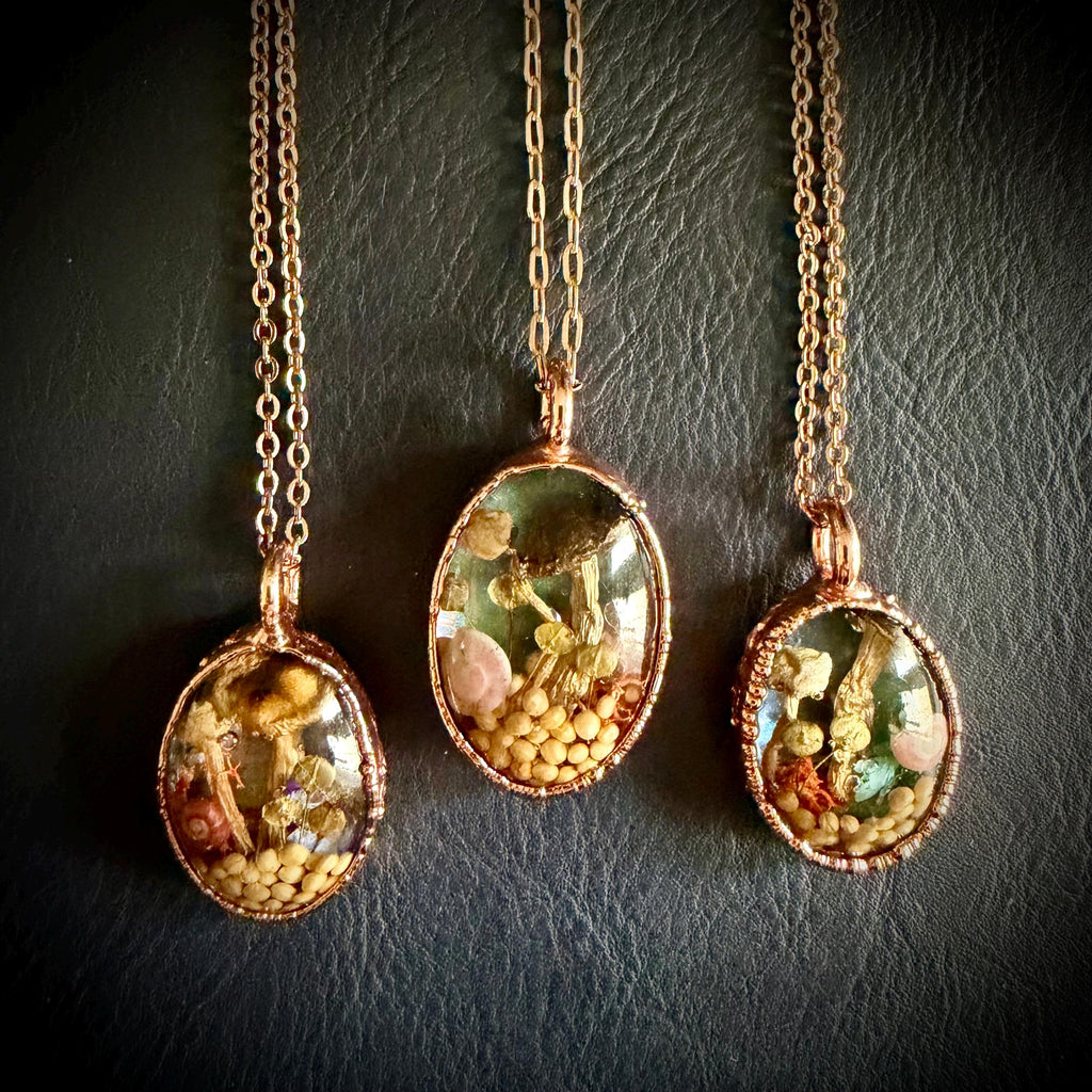 Electroformed Copper Goblincore Mushroom Garden Pendant | Real Plant in Resin | Mushroom Necklace