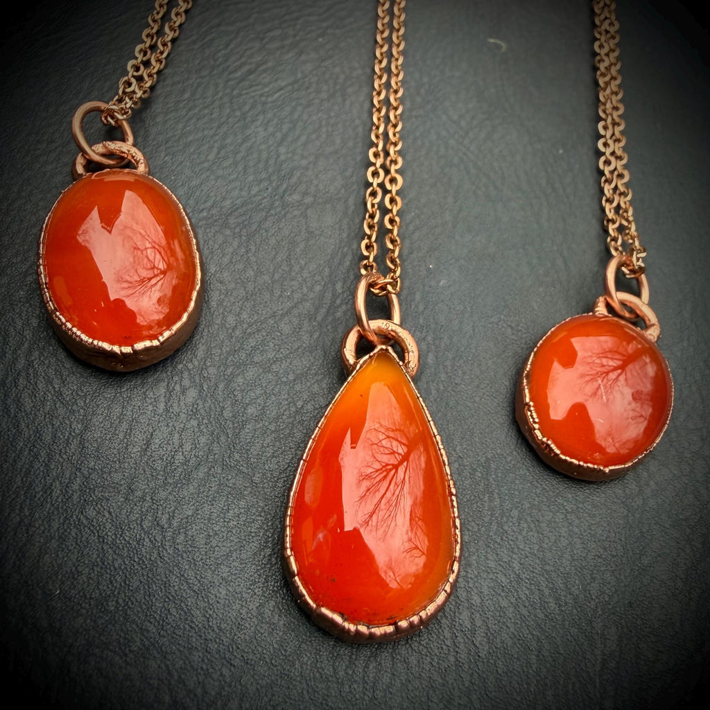 Electroformed Copper Orange Onyx Necklace, Rose Gold Chain