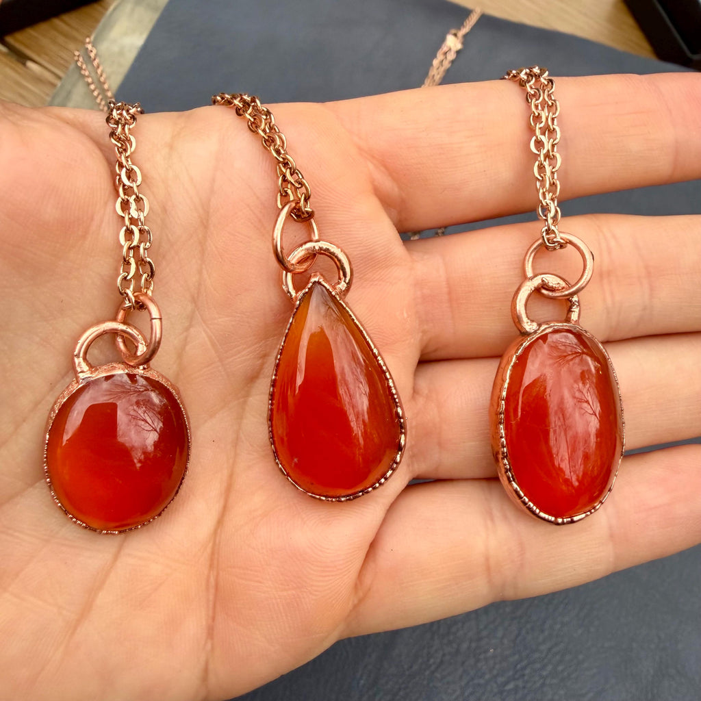 Electroformed Copper Orange Onyx Necklace, Rose Gold Chain