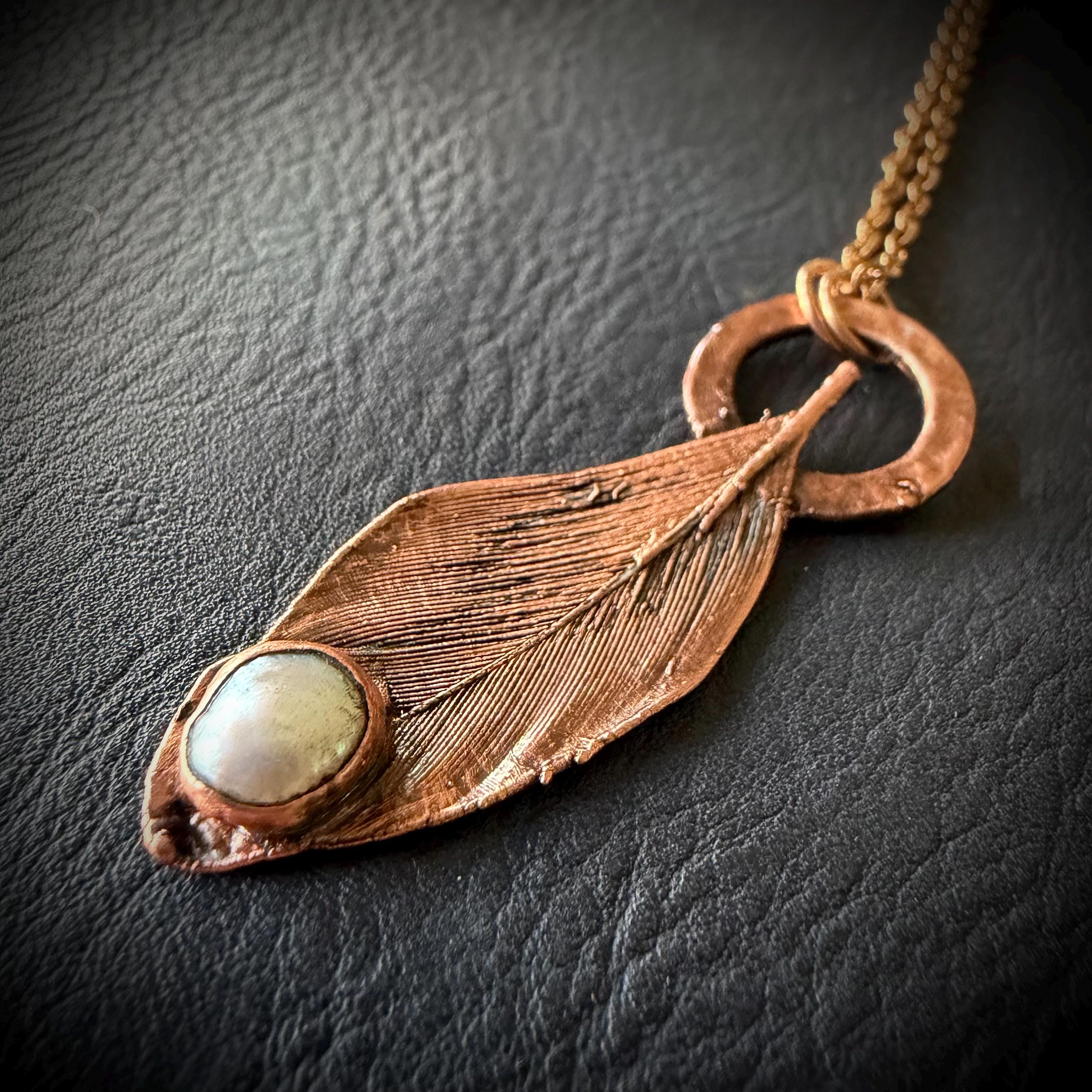 Blue Jay Feather & Baroque Pearl Electroformed Necklace