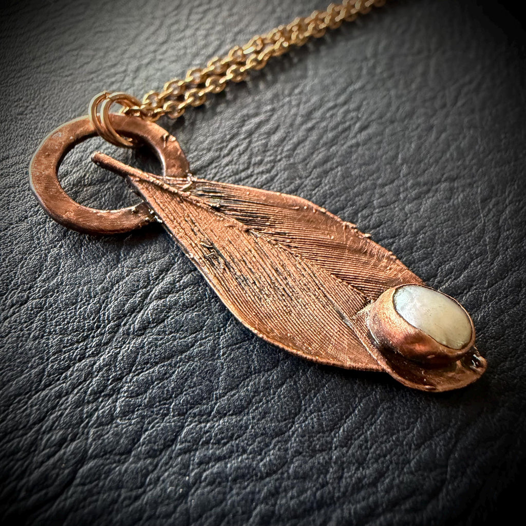 Blue Jay Feather & Baroque Pearl Electroformed Necklace