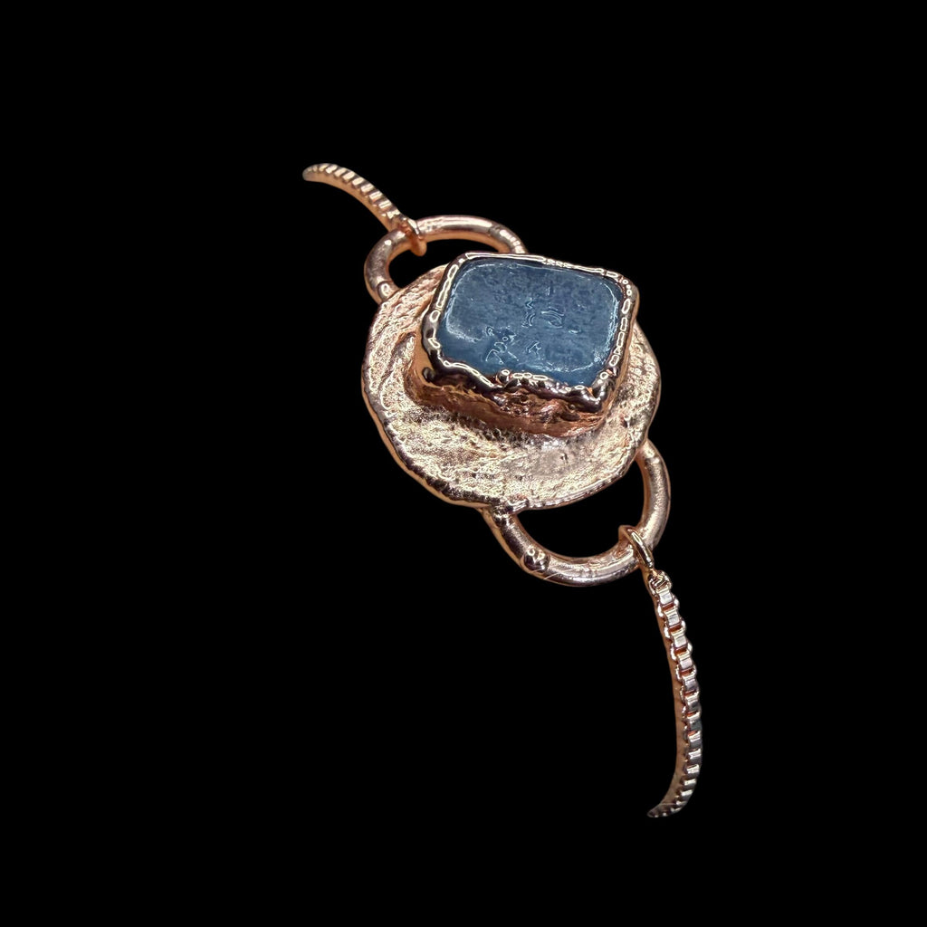 Electroformed Aquamarine Circle Charm Bracelet | Rose Gold Plated Adjustable Chain | Handmade Copper Jewelry