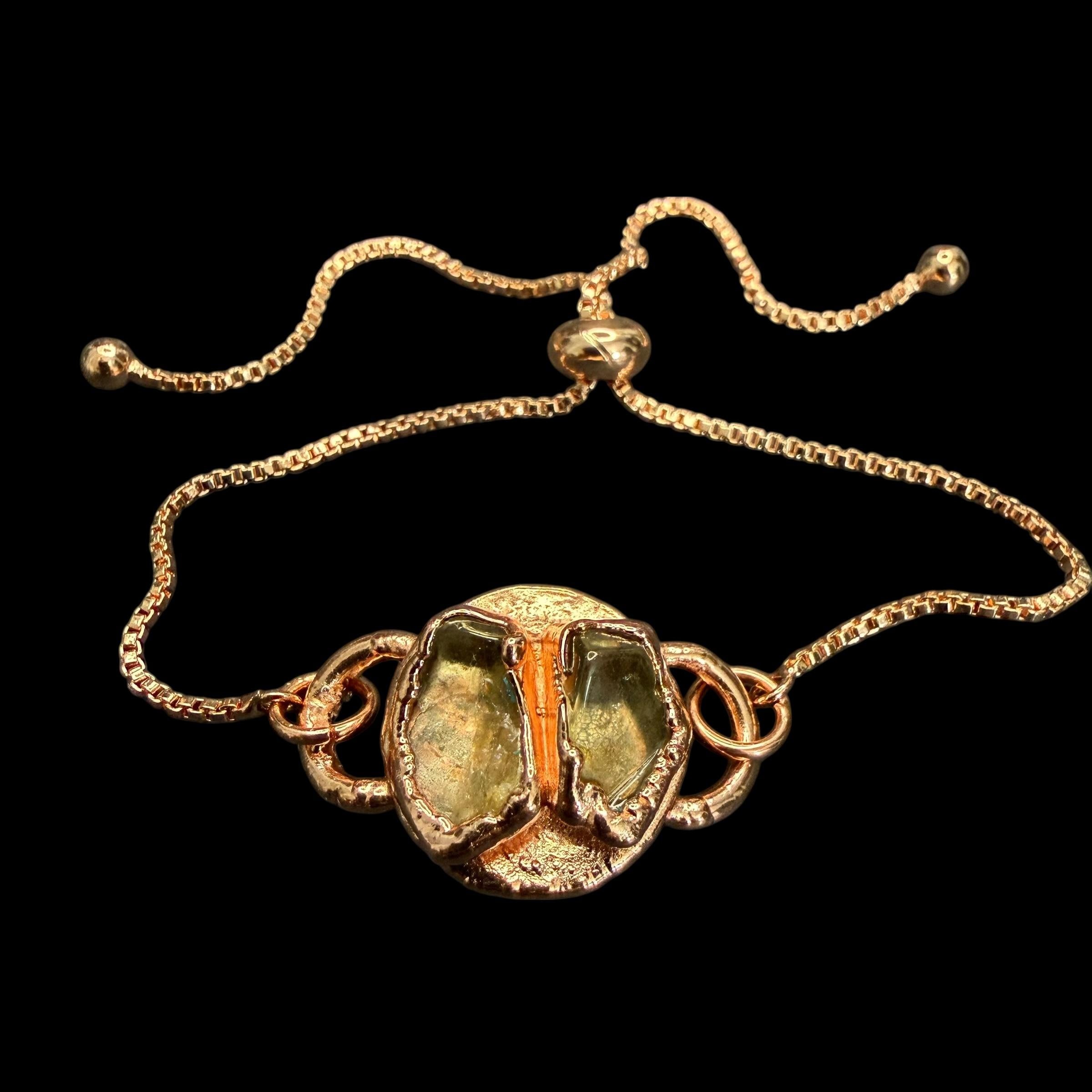 Electroformed Citrine Circle Charm Bracelet | Rose Gold Plated Adjustable Chain | Handmade Copper Jewelry