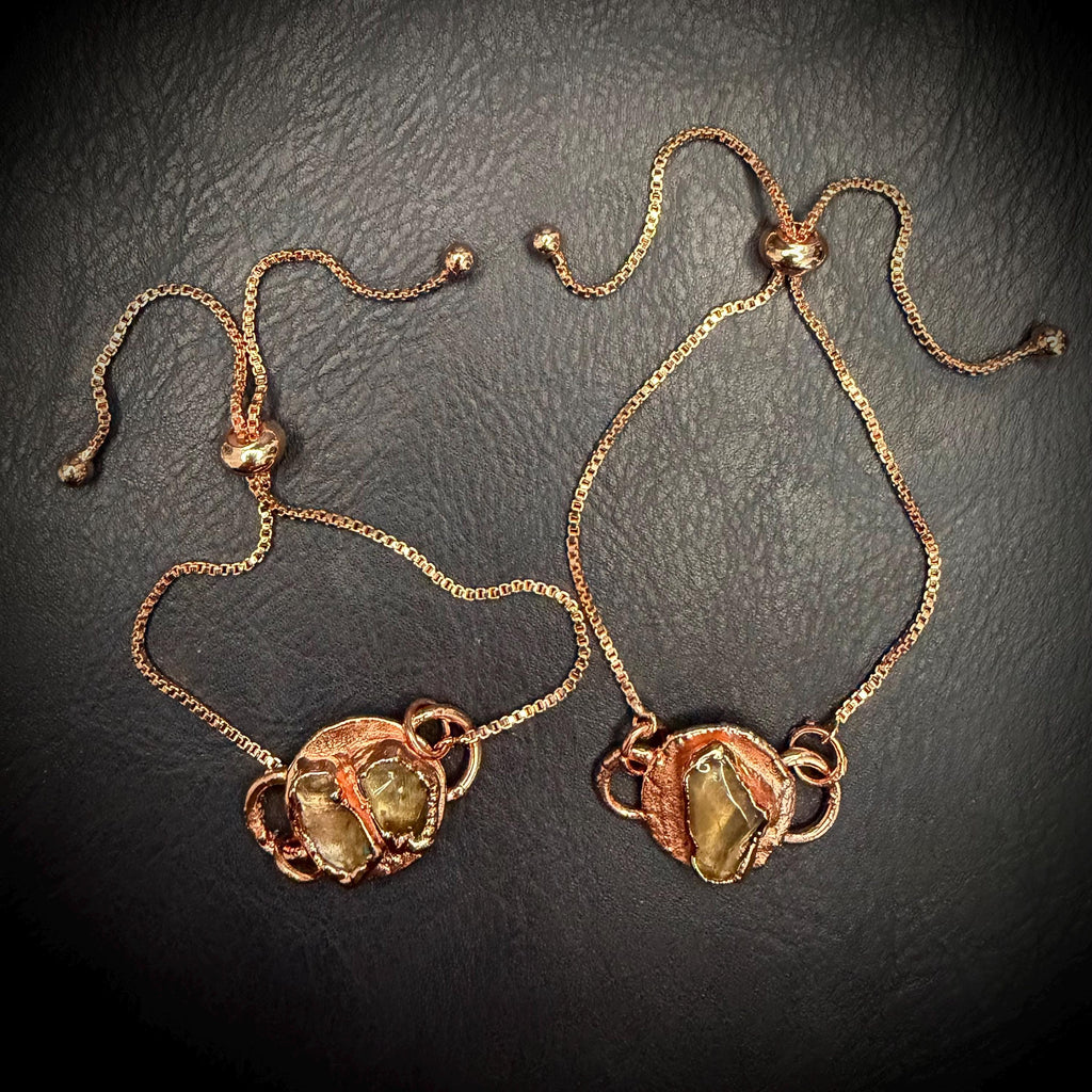 Electroformed Citrine Circle Charm Bracelet | Rose Gold Plated Adjustable Chain | Handmade Copper Jewelry