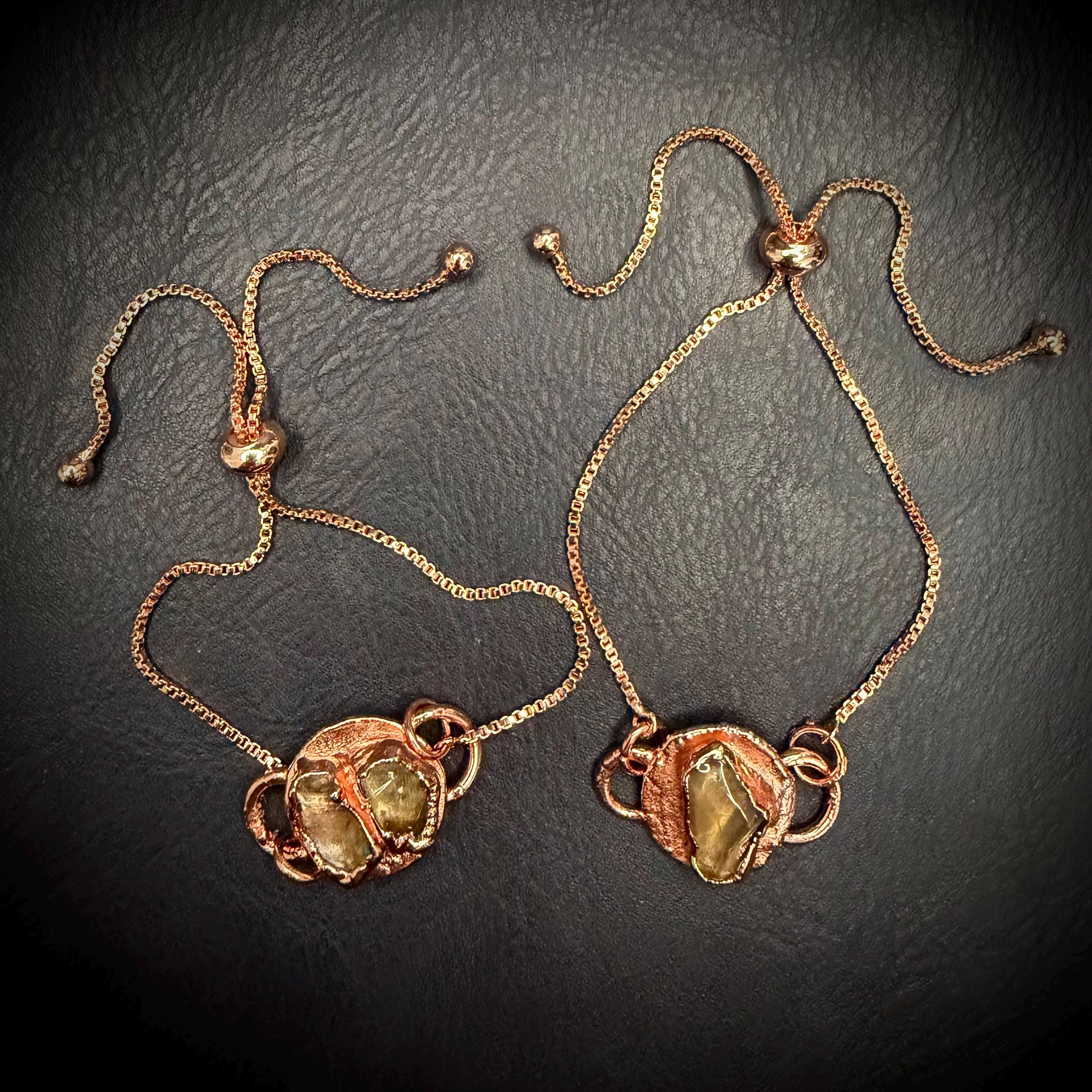 Electroformed Citrine Circle Charm Bracelet | Rose Gold Plated Adjustable Chain | Handmade Copper Jewelry