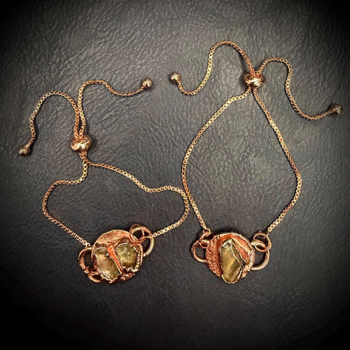 Electroformed Citrine Circle Charm Bracelet | Rose Gold Plated Adjustable Chain | Handmade Copper Jewelry