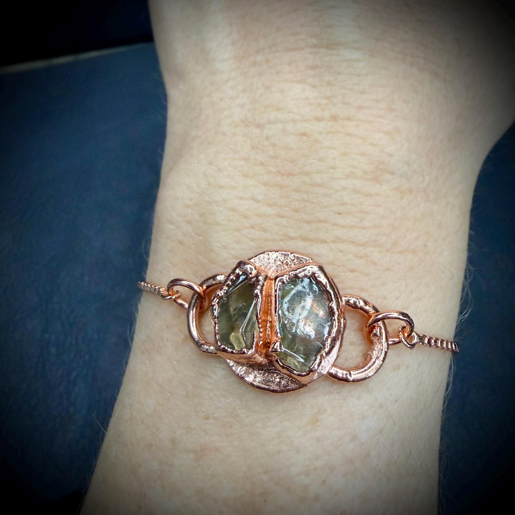 Electroformed Citrine Circle Charm Bracelet | Rose Gold Plated Adjustable Chain | Handmade Copper Jewelry