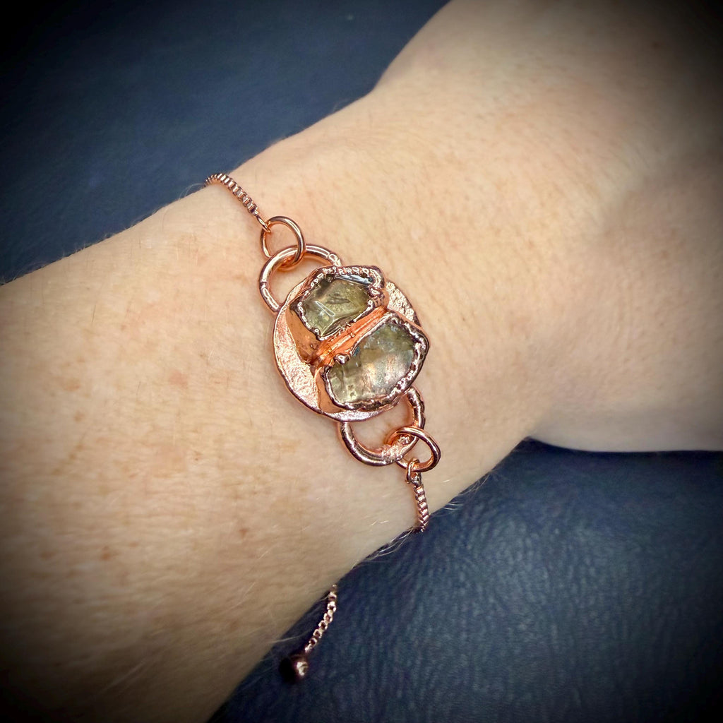 Electroformed Citrine Circle Charm Bracelet | Rose Gold Plated Adjustable Chain | Handmade Copper Jewelry