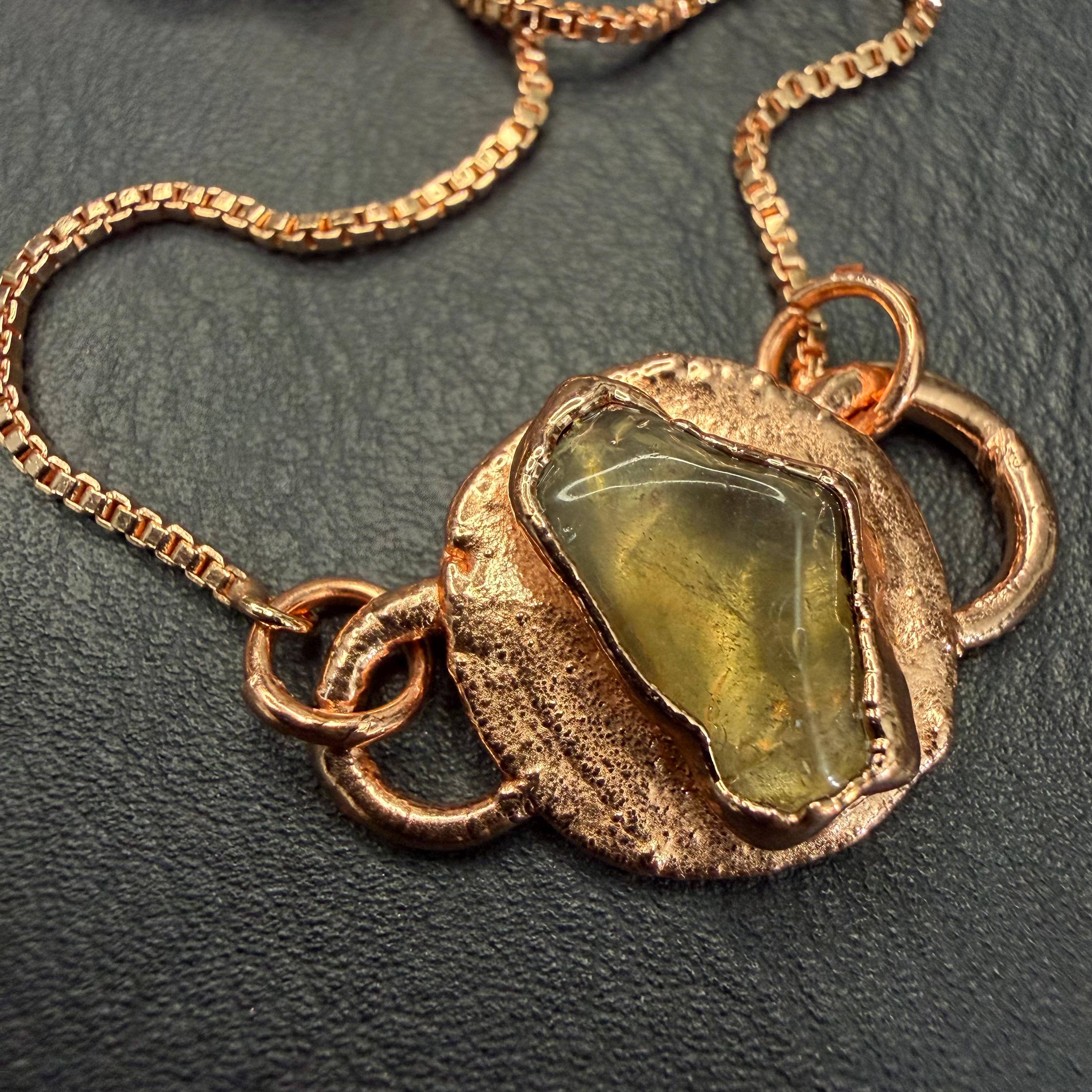 Electroformed Citrine Circle Charm Bracelet | Rose Gold Plated Adjustable Chain | Handmade Copper Jewelry