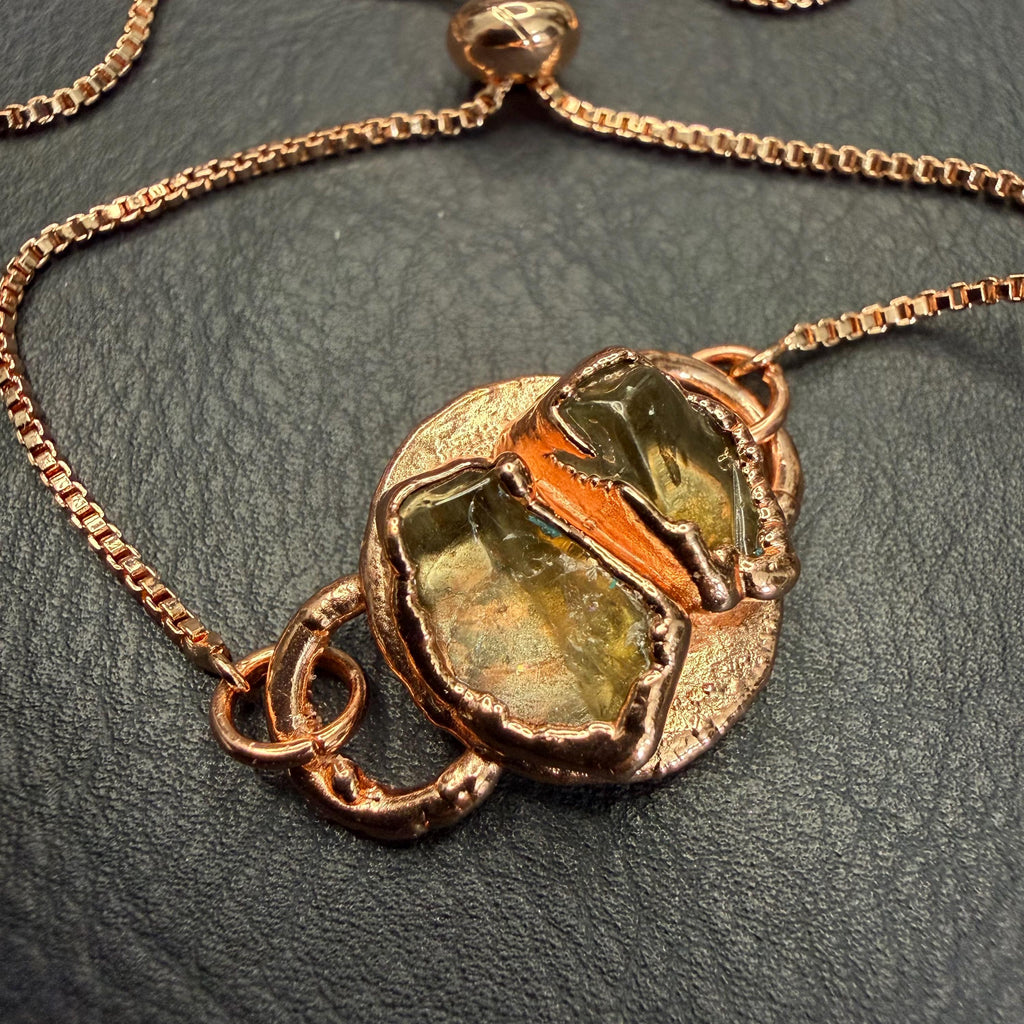 Electroformed Citrine Circle Charm Bracelet | Rose Gold Plated Adjustable Chain | Handmade Copper Jewelry