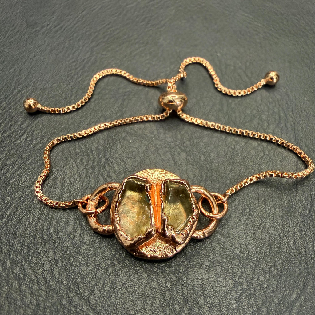 Electroformed Citrine Circle Charm Bracelet | Rose Gold Plated Adjustable Chain | Handmade Copper Jewelry