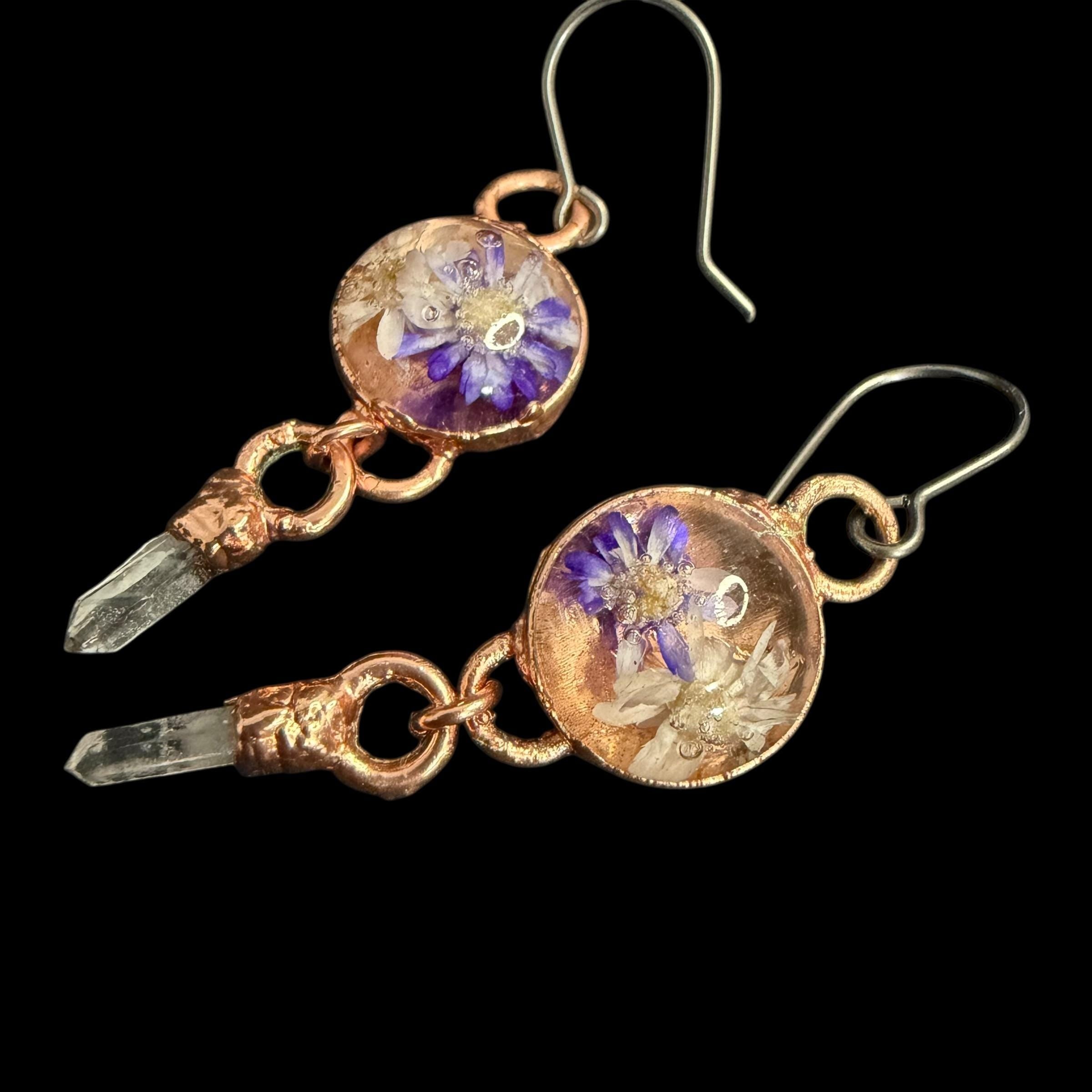 Dried Flower Resin Earrings | Quartz Crystal | Niobium Ear Wires | Handmade Botanical Jewelry