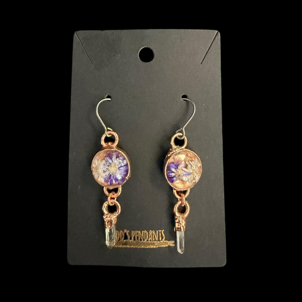 Dried Flower Resin Earrings | Quartz Crystal | Niobium Ear Wires | Handmade Botanical Jewelry