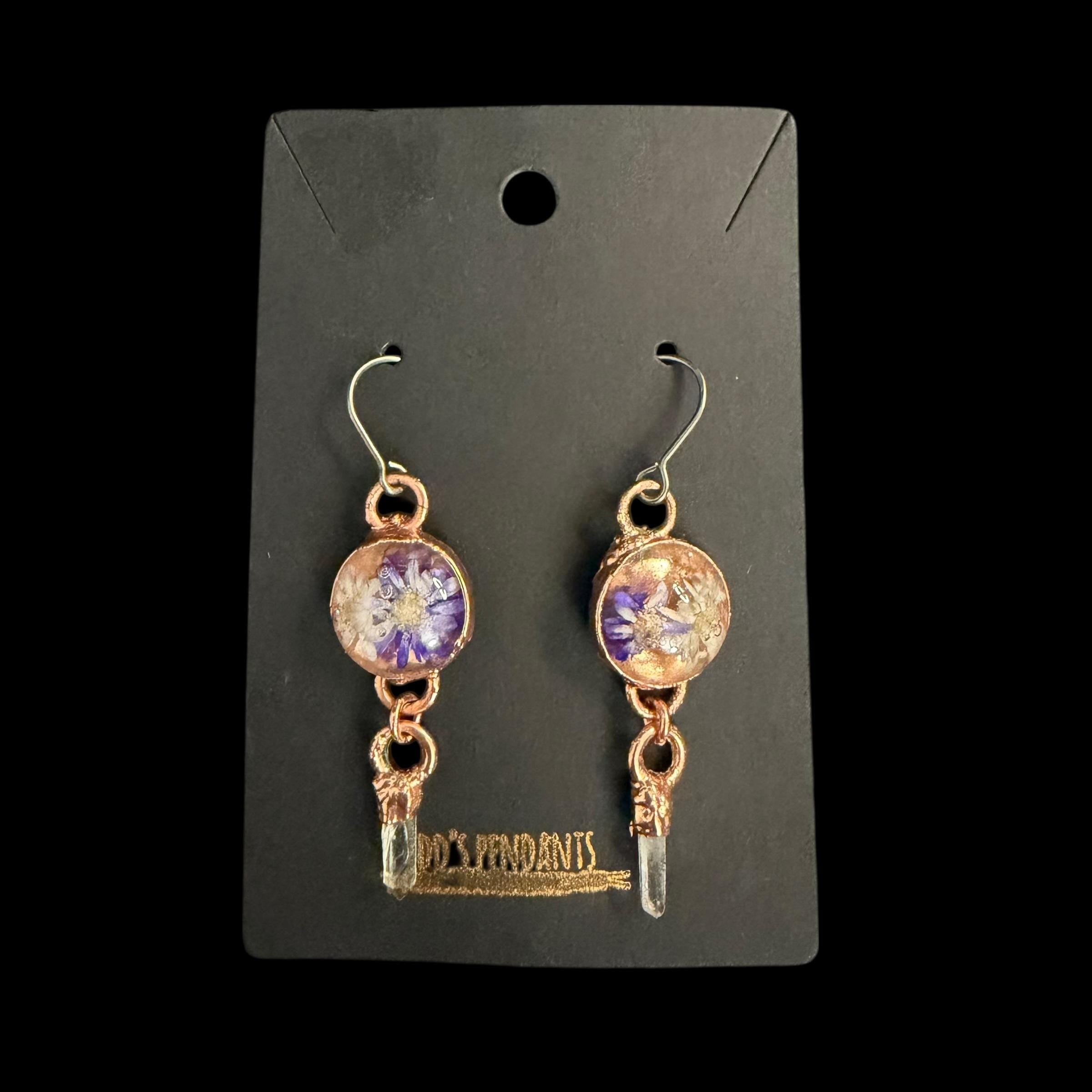 Dried Flower Resin Earrings | Quartz Crystal | Niobium Ear Wires | Handmade Botanical Jewelry