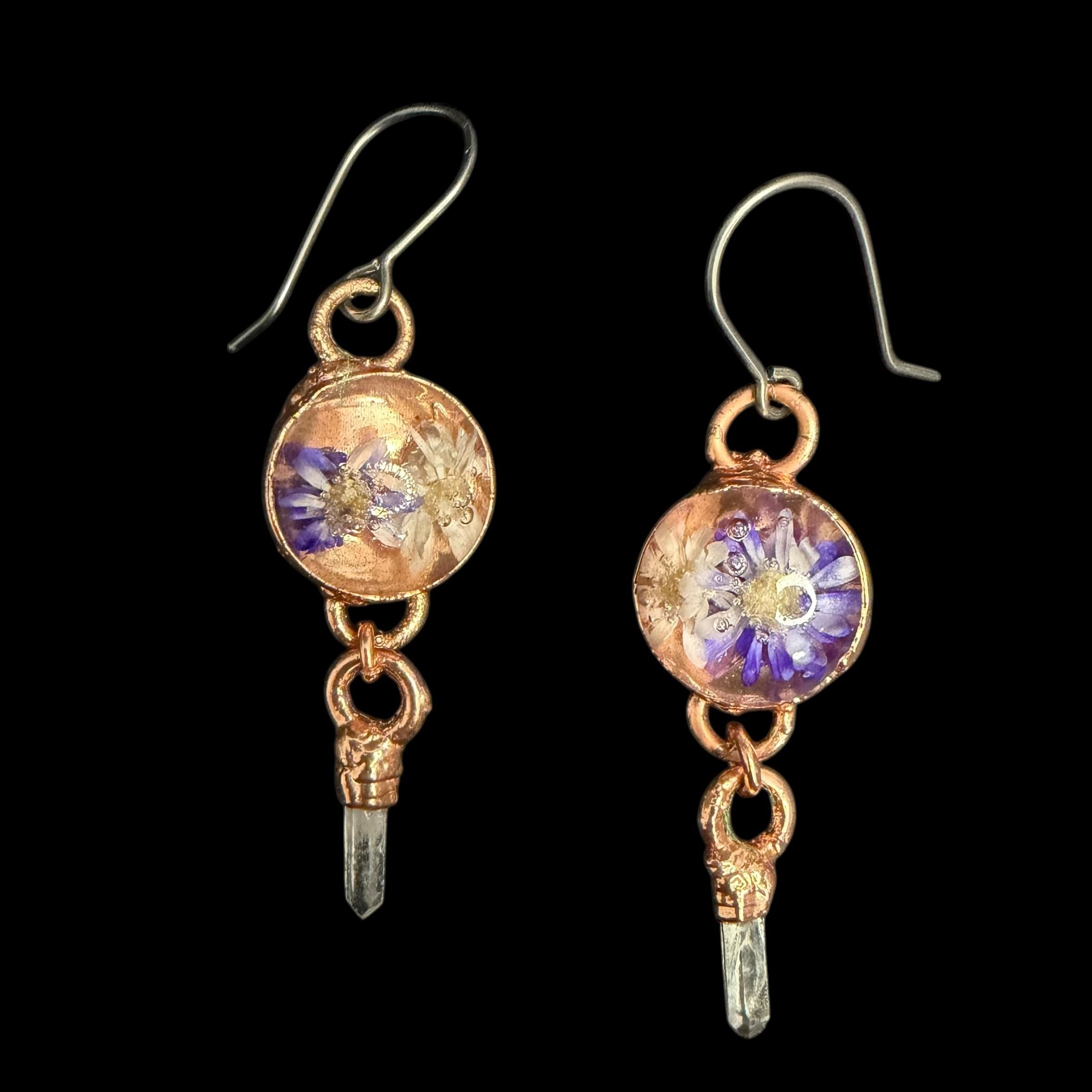 Dried Flower Resin Earrings | Quartz Crystal | Niobium Ear Wires | Handmade Botanical Jewelry